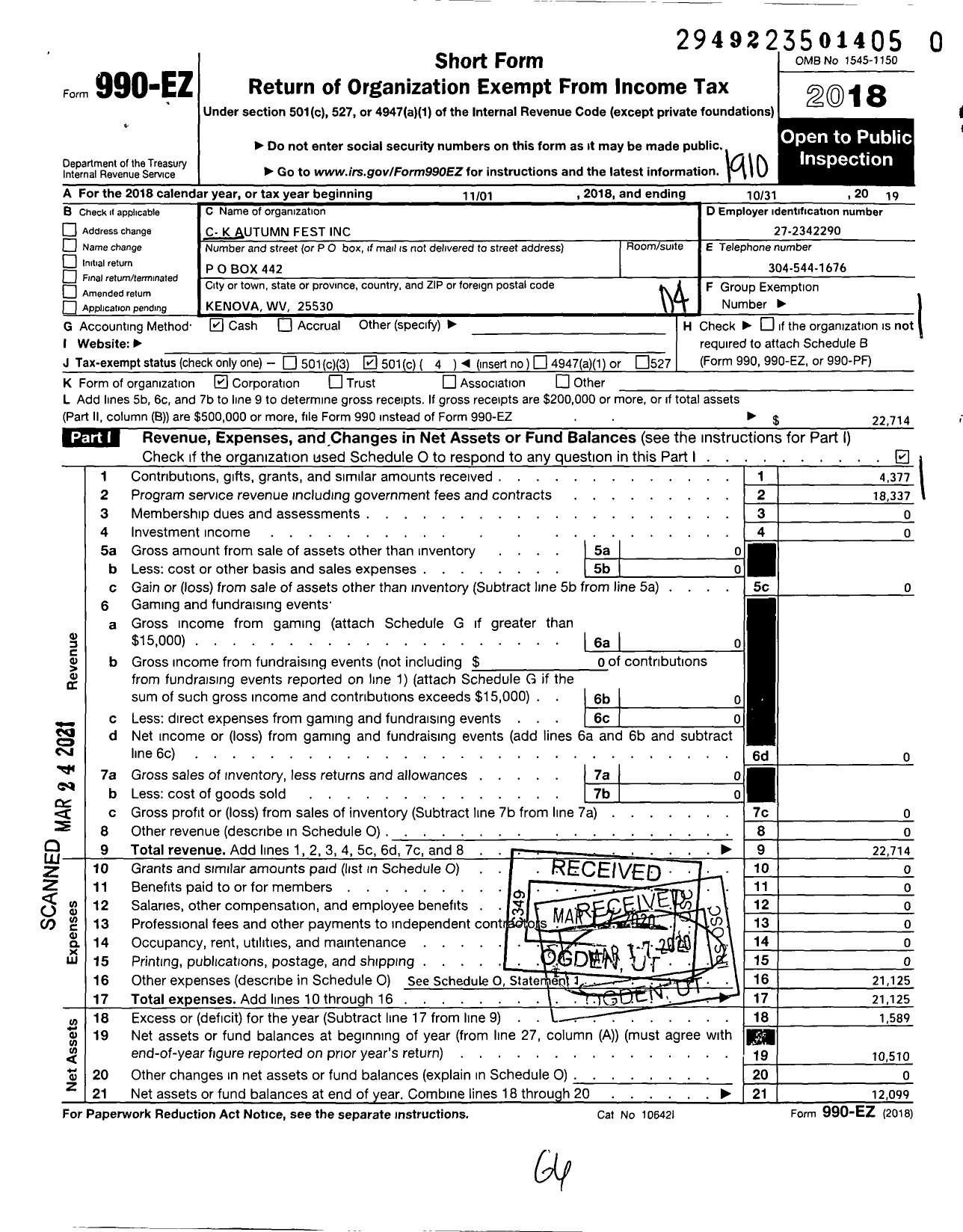 Image of first page of 2018 Form 990EO for C- K Autumnfest Fest