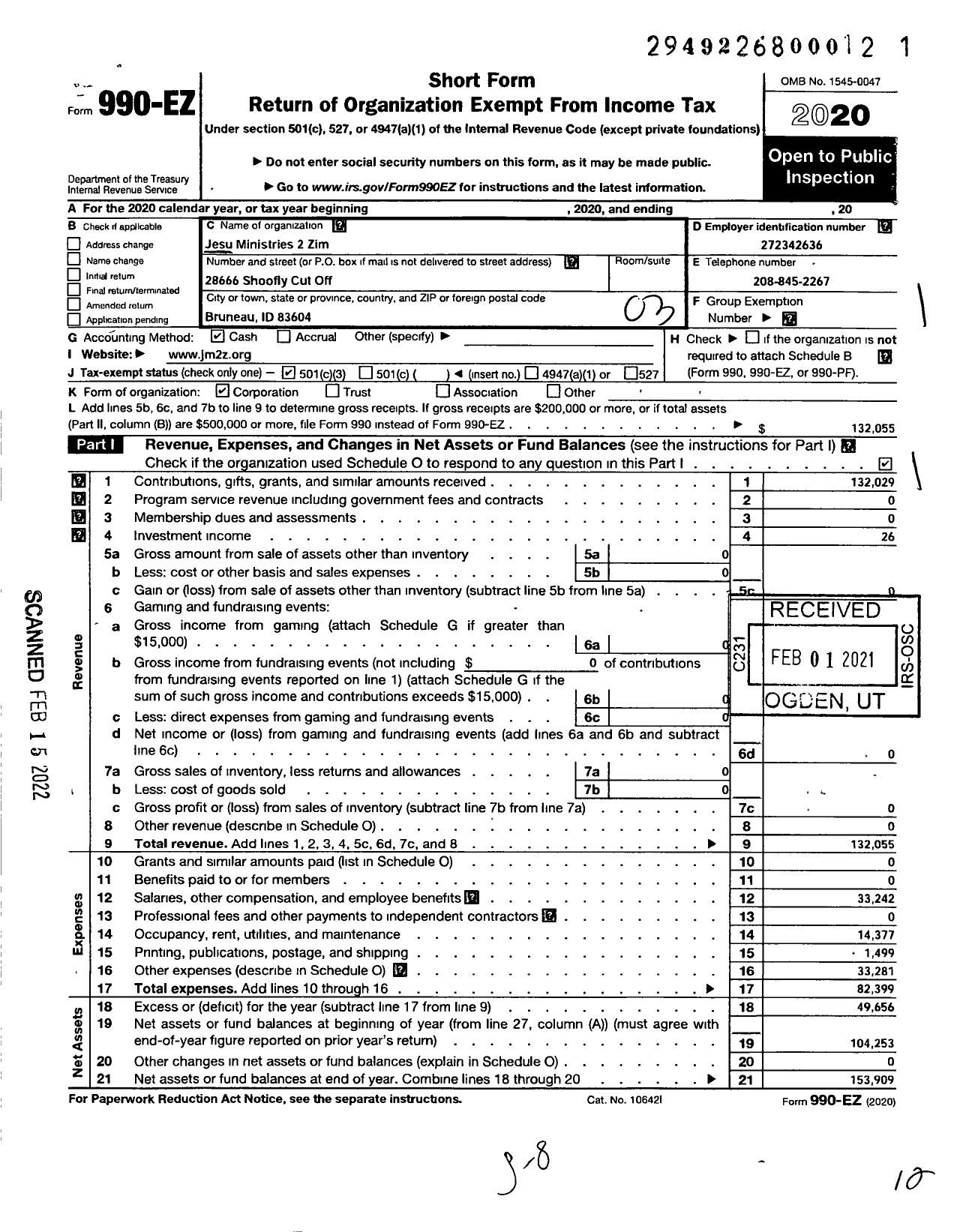 Image of first page of 2020 Form 990EZ for Jesu Ministries 2 Zim