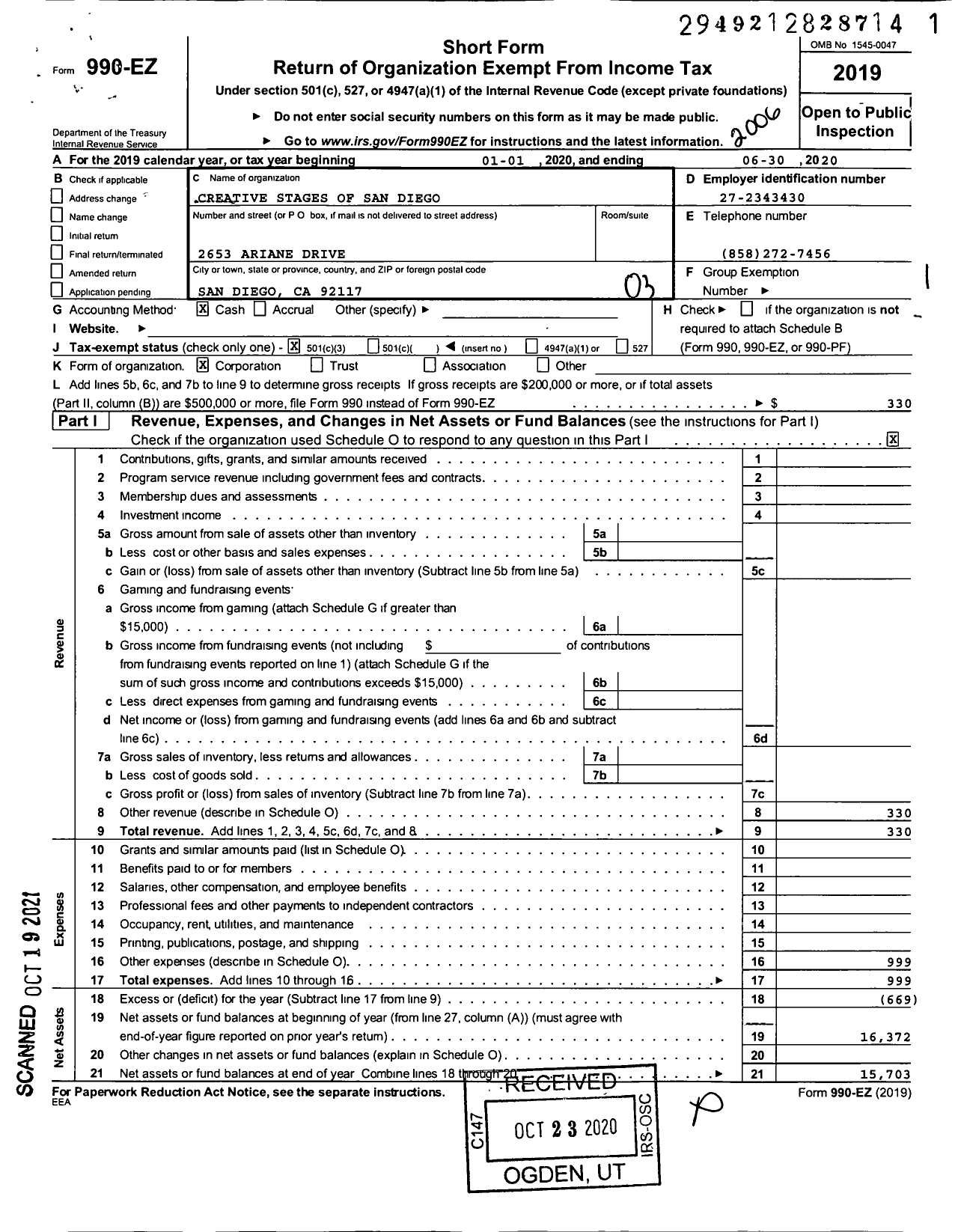 Image of first page of 2019 Form 990EZ for Creative Stages of San Diego