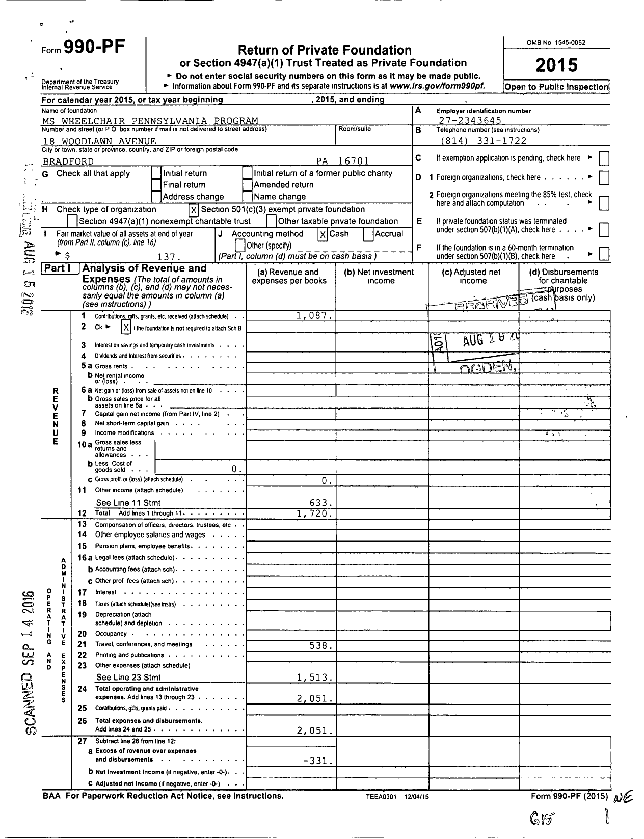 Image of first page of 2015 Form 990PF for MS Wheelchair Pennsylvania Program
