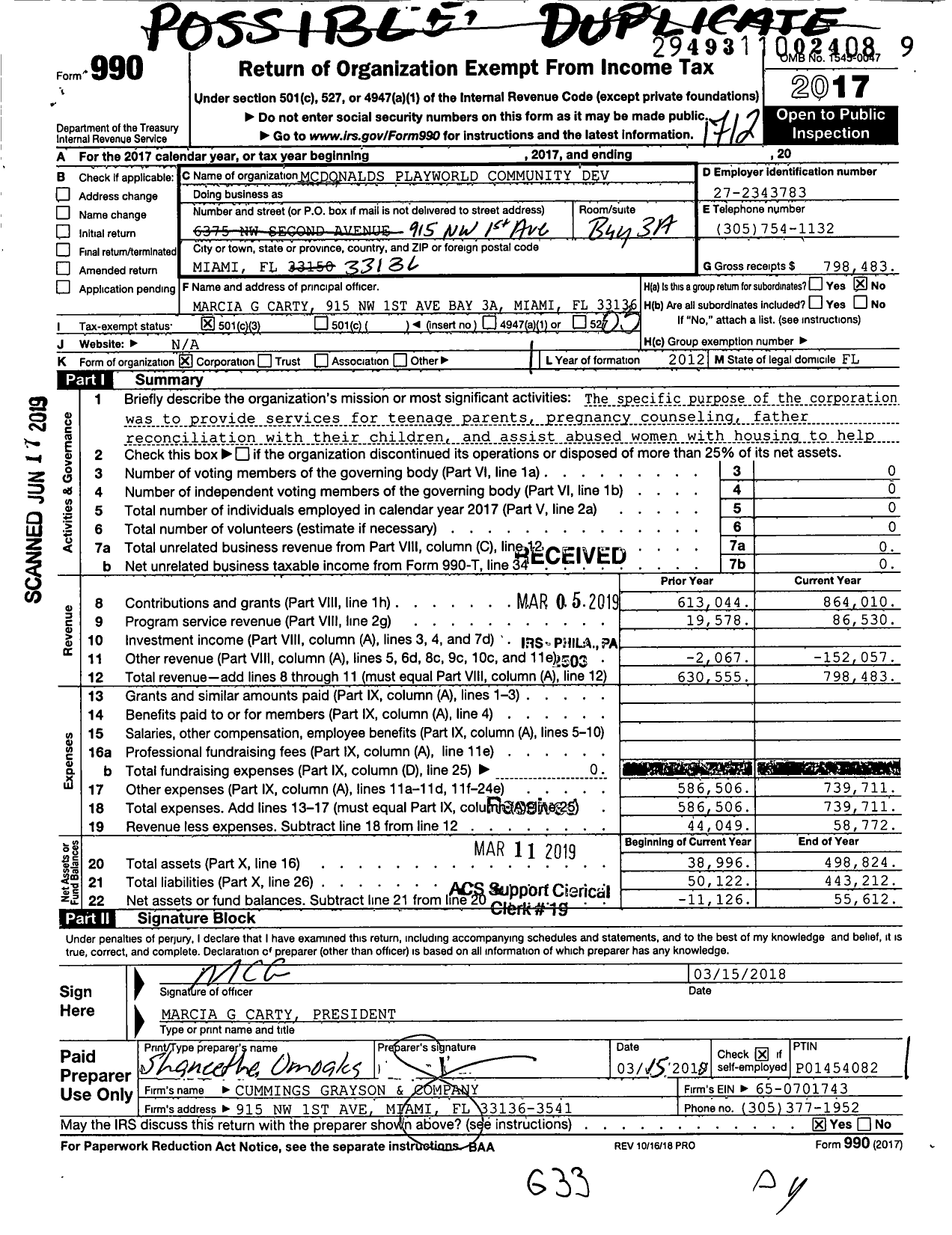 Image of first page of 2017 Form 990 for Mcdonalds Playworld Community Dev