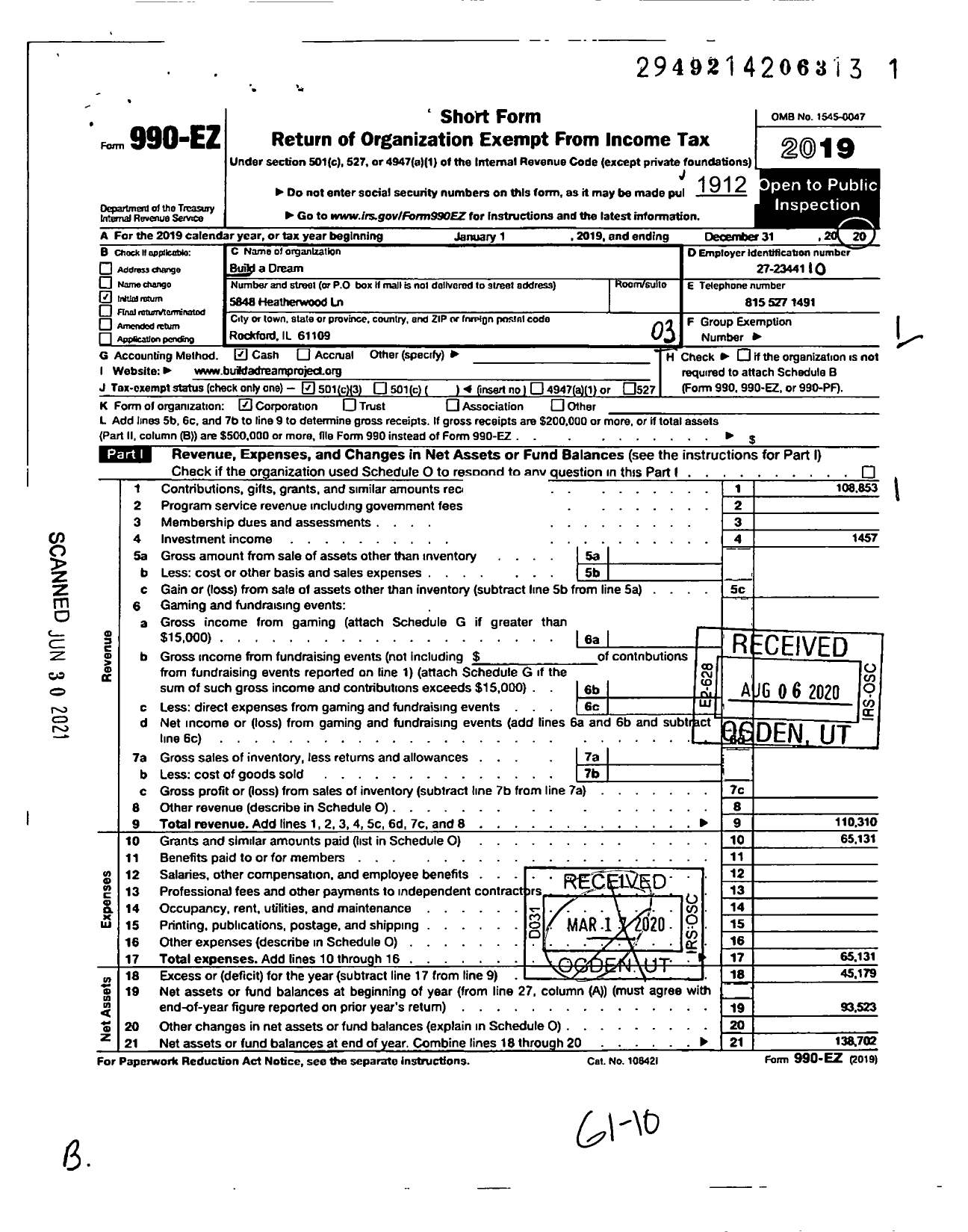 Image of first page of 2019 Form 990EZ for Build A Dream