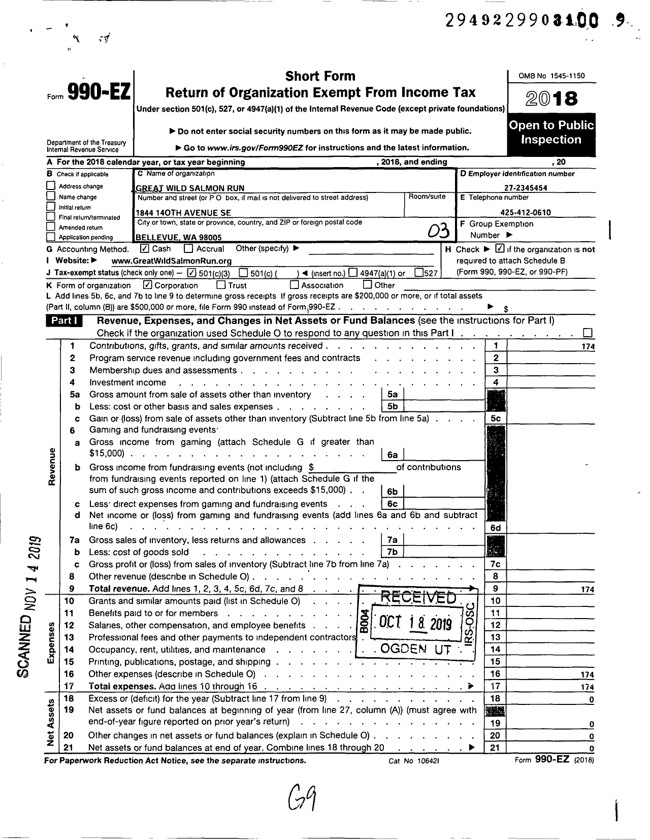 Image of first page of 2018 Form 990EZ for Great Wild Salmon Run