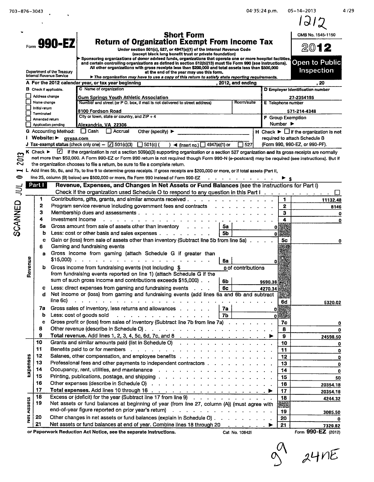 Image of first page of 2012 Form 990EZ for Gum Springs Youth Athletic Association