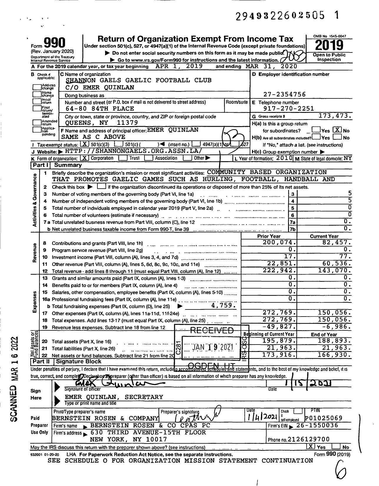 Image of first page of 2019 Form 990 for Shannon Gaels Gaelic Football Club