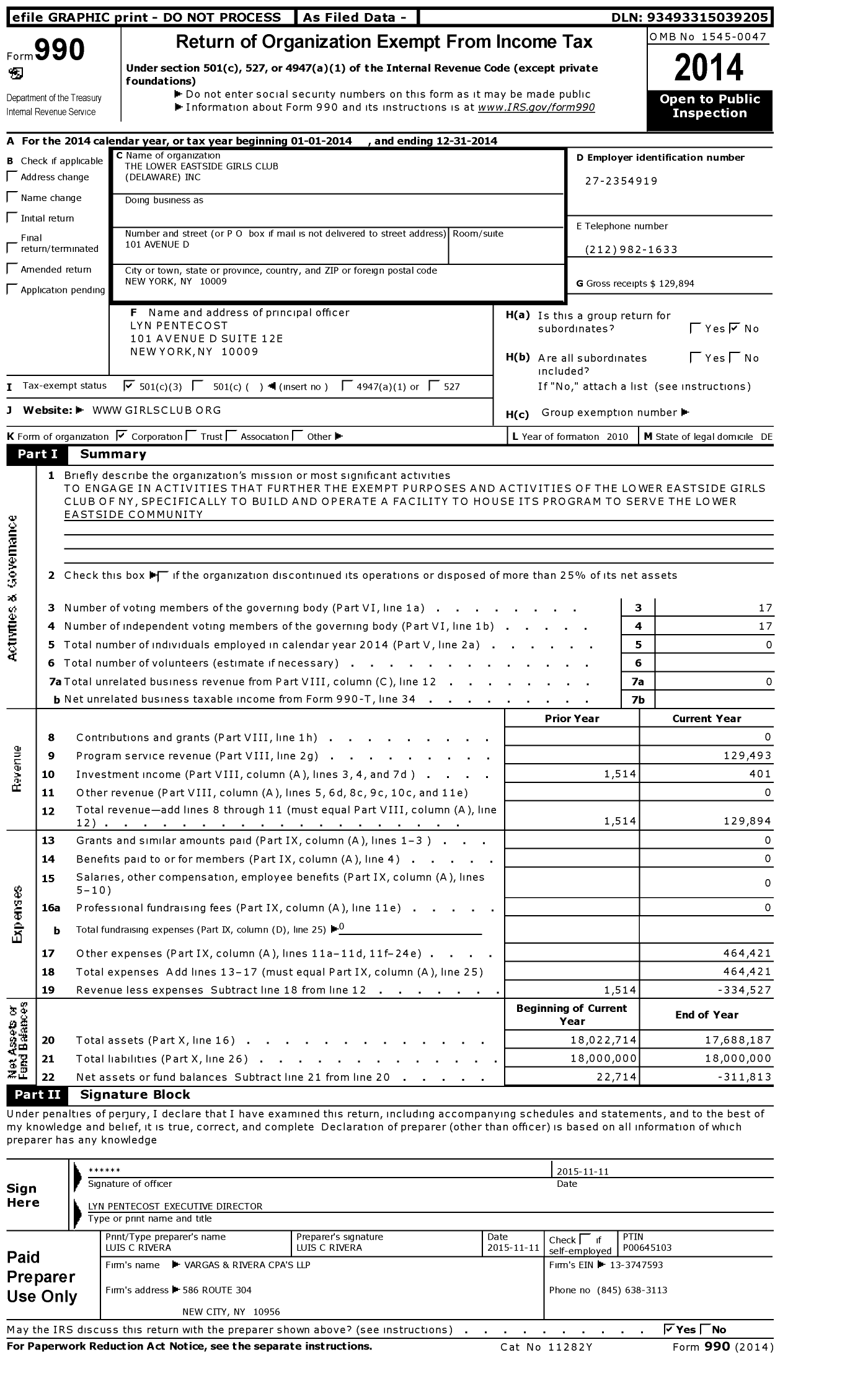 Image of first page of 2014 Form 990 for The Lower Eastside Girls Club