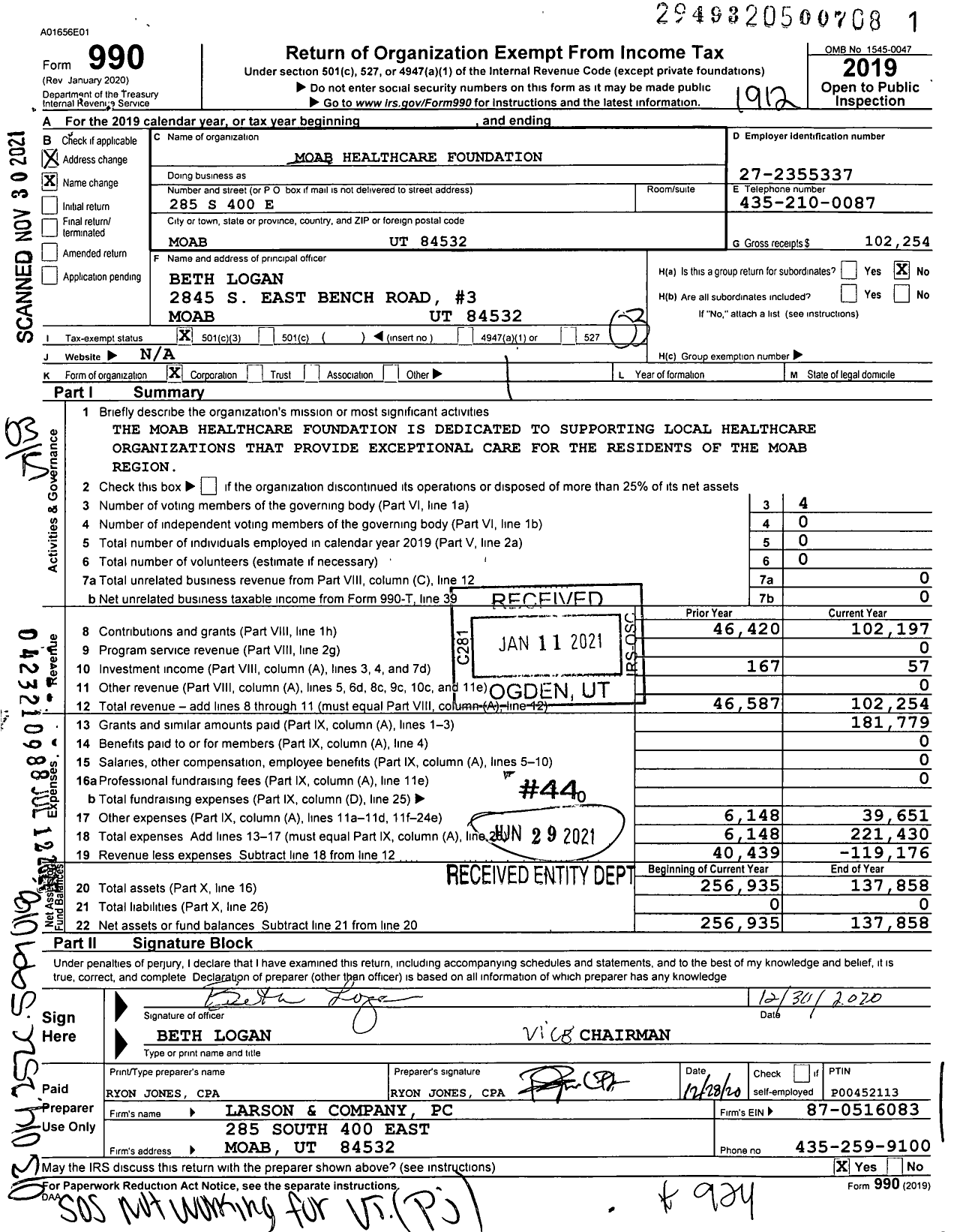 Image of first page of 2019 Form 990 for Moab Healthcare Foundation