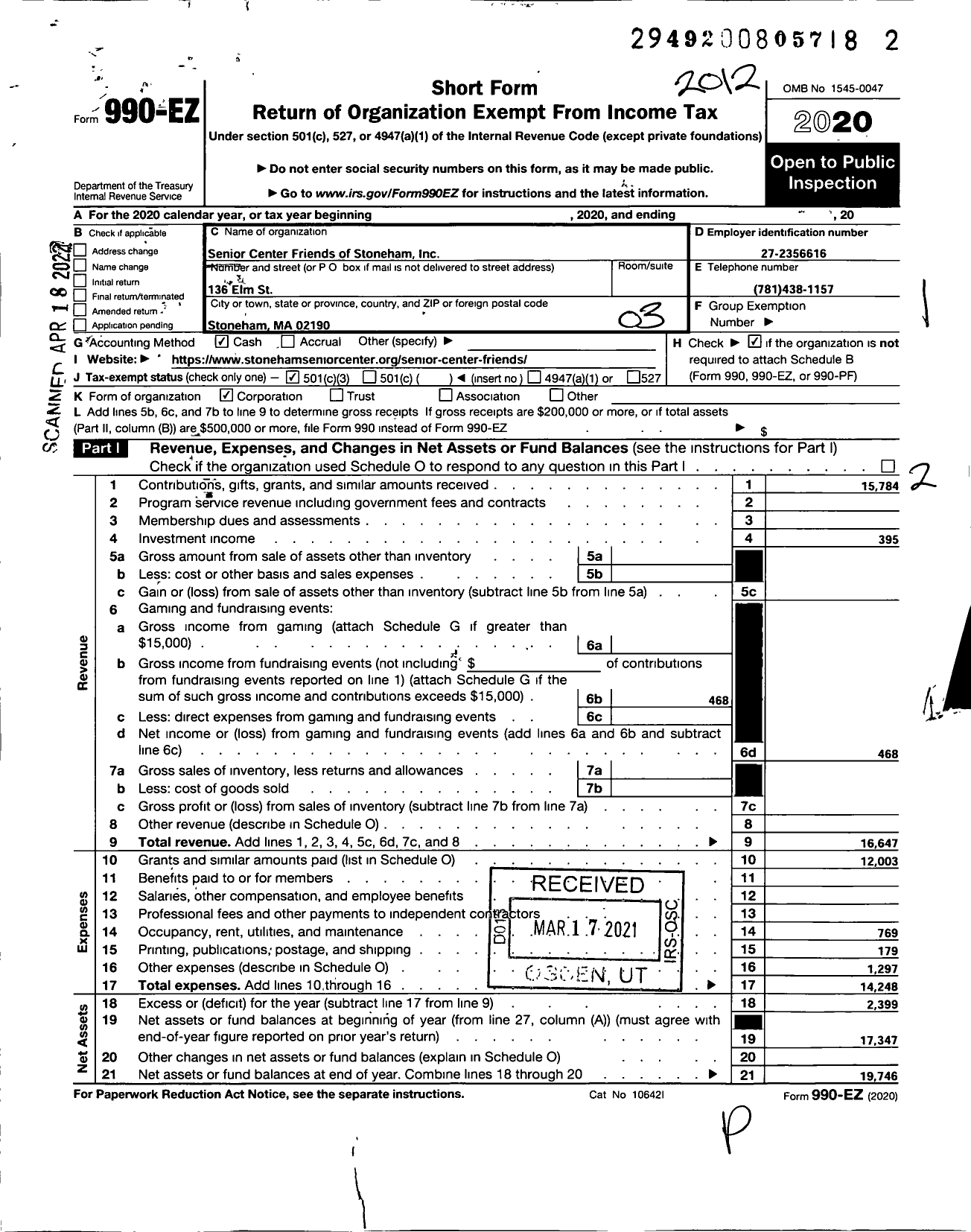 Image of first page of 2020 Form 990EZ for Senior Center Friends of Stoneham