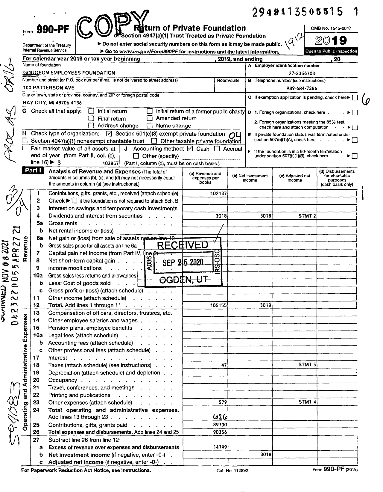 Image of first page of 2019 Form 990PF for Gougeon Employees Foundation