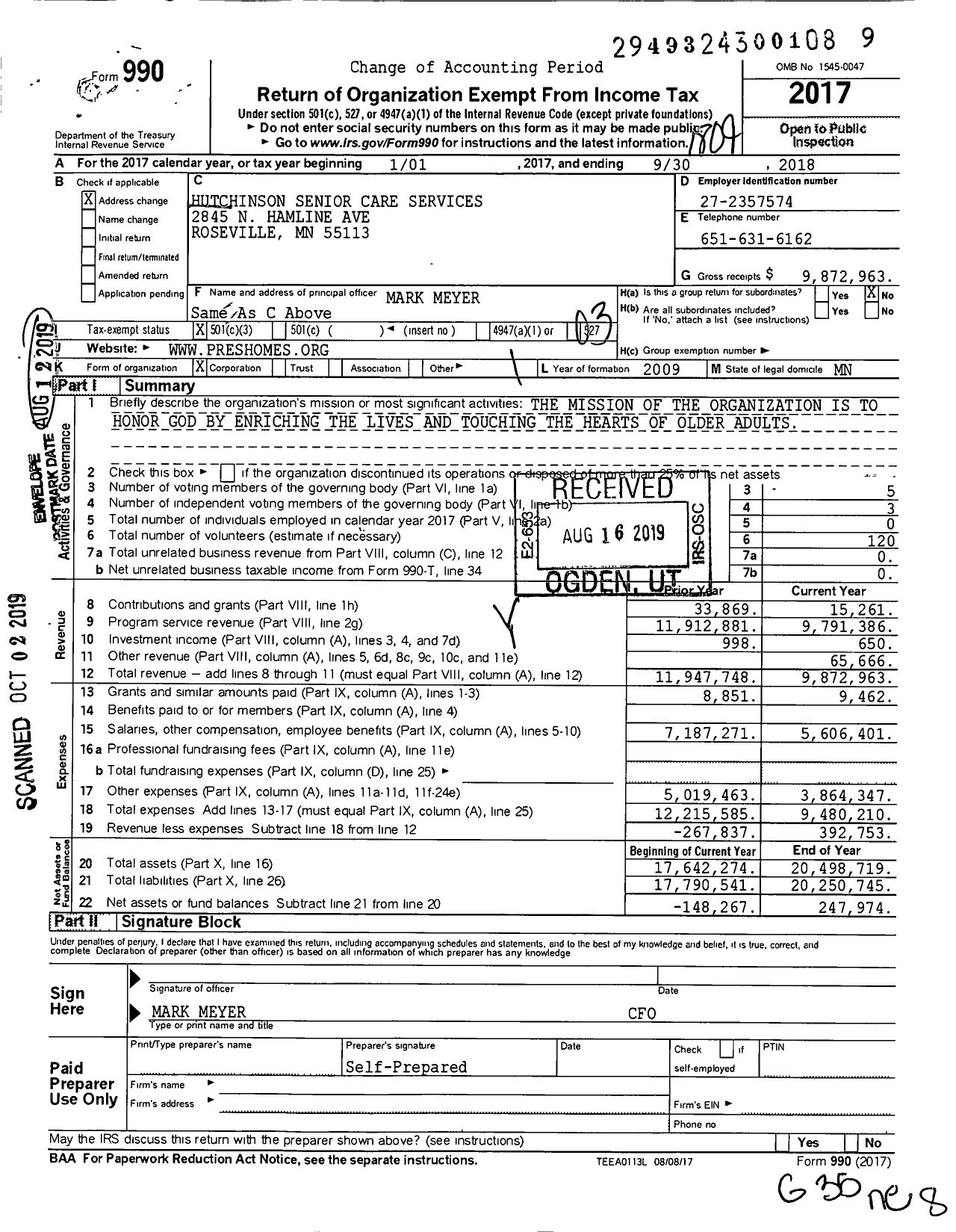 Image of first page of 2017 Form 990 for Harmony River Living Center