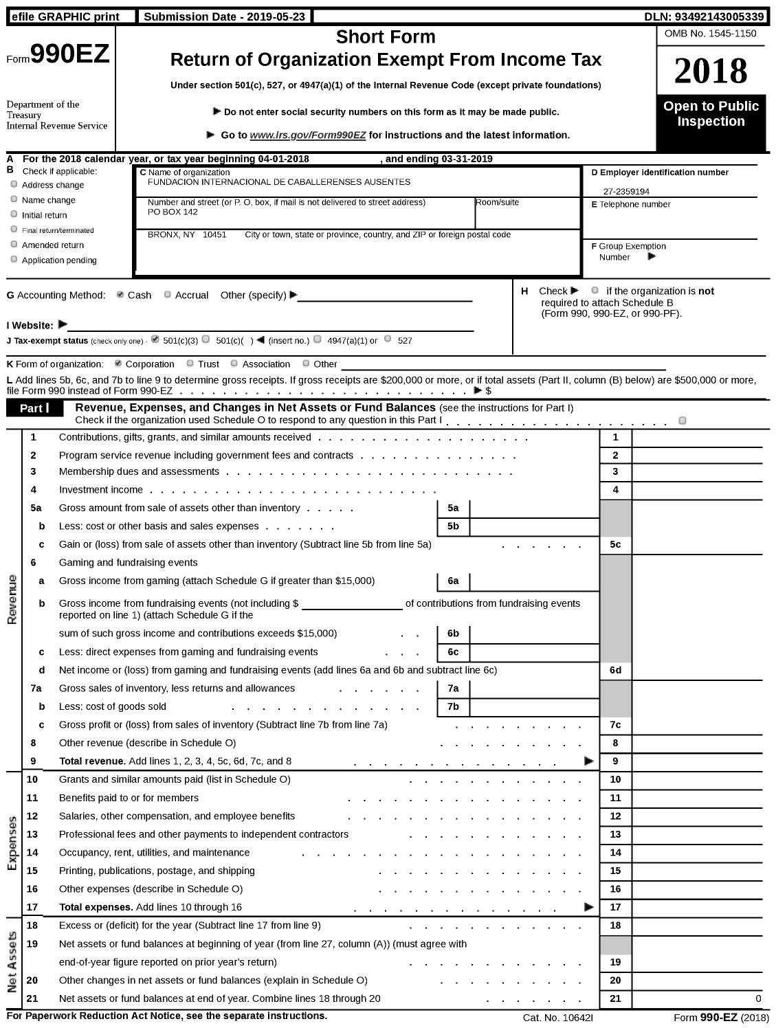 Image of first page of 2018 Form 990EZ for Fundacion Internacional de Cabalerneses Ausentes