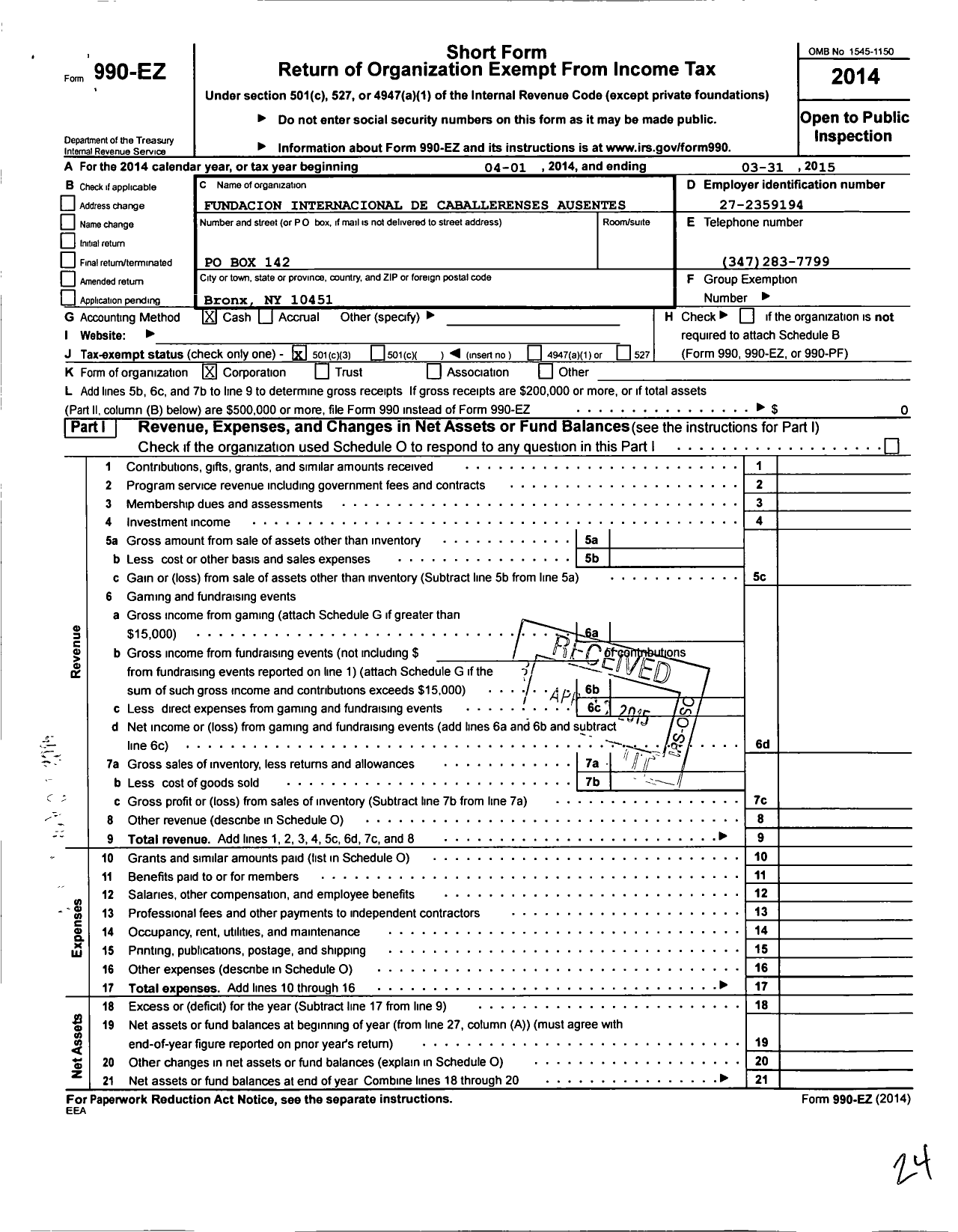 Image of first page of 2014 Form 990EZ for Fundacion Internacional de Cabalerneses Ausentes