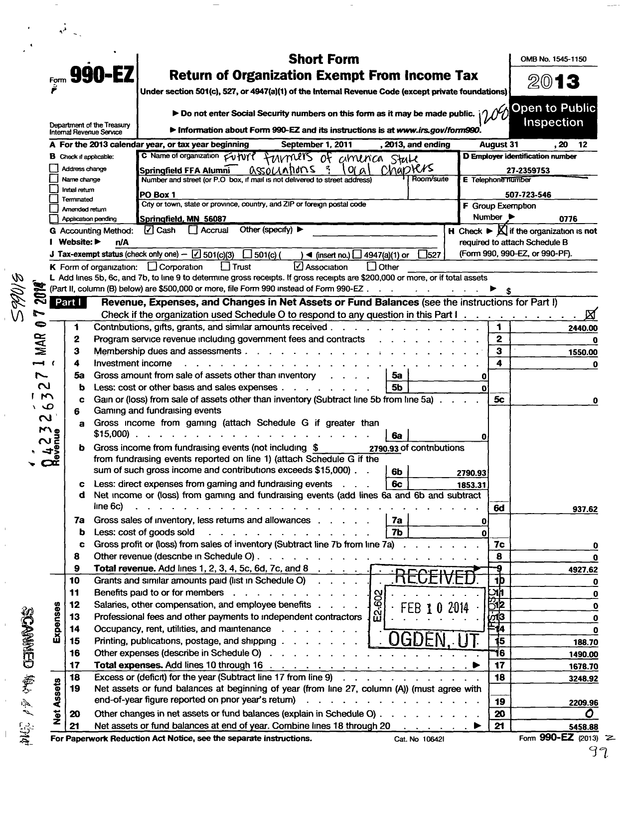 Image of first page of 2011 Form 990EZ for Future Farmers of America - 22007 Springfield Ffa Alumni