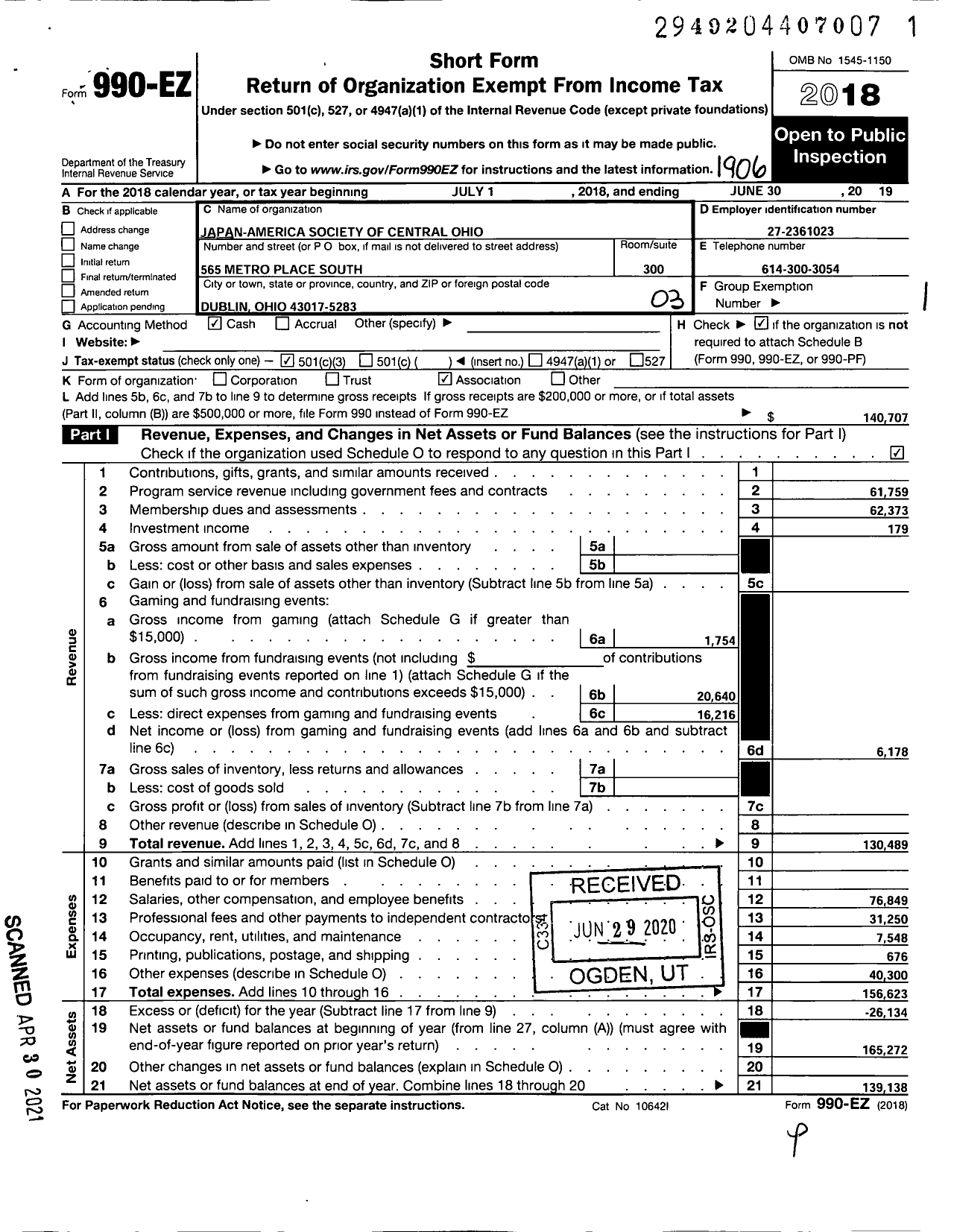 Image of first page of 2018 Form 990EZ for Japan-America Society of Central Ohio (JASCO)