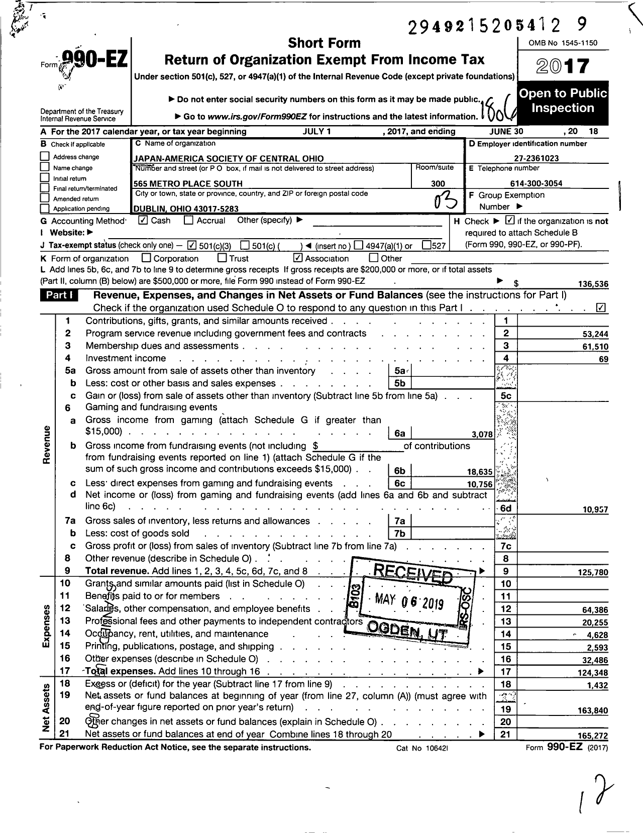 Image of first page of 2017 Form 990EZ for Japan-America Society of Central Ohio (JASCO)