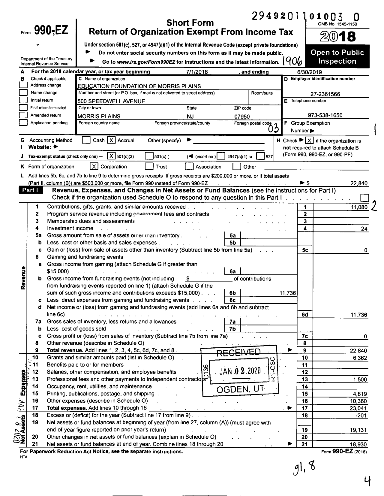 Image of first page of 2018 Form 990EZ for Education Foundation of Morris Plains