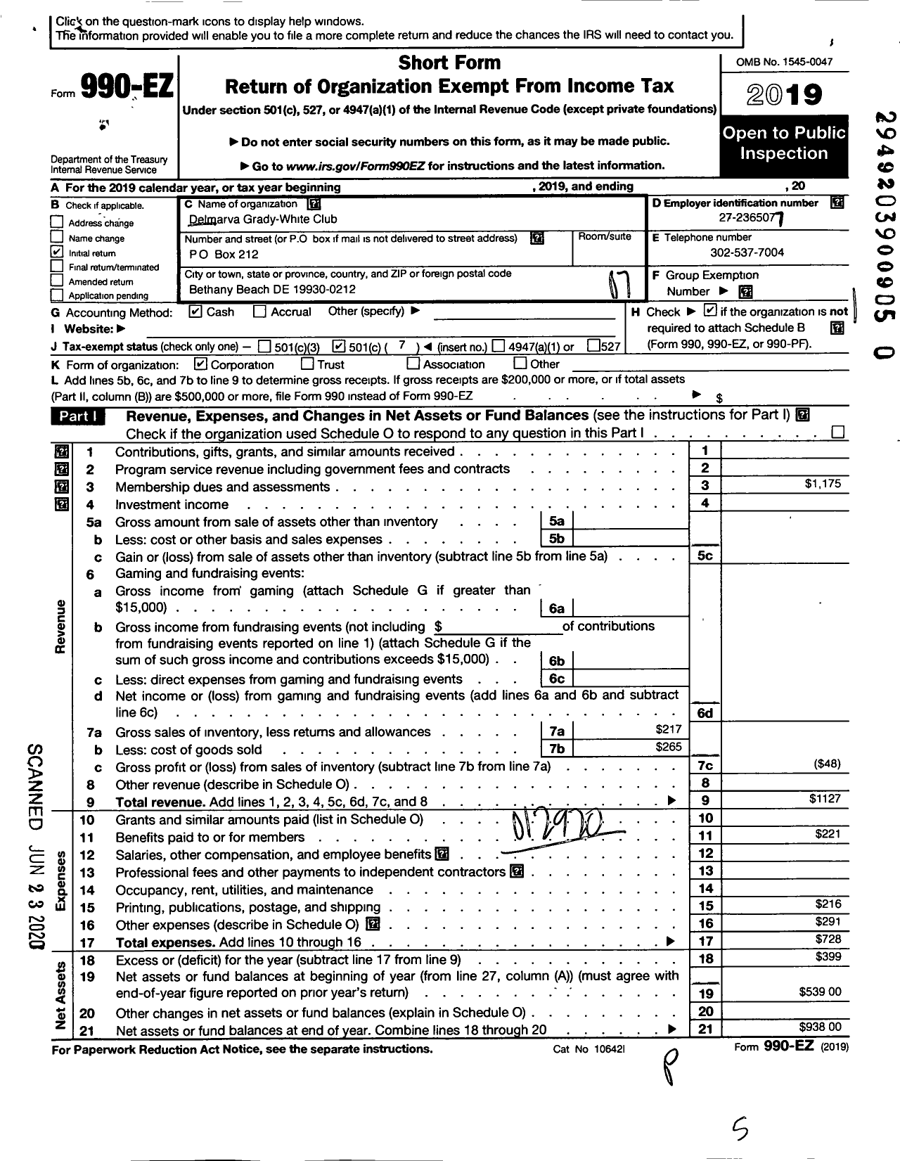 Image of first page of 2019 Form 990EO for Delmarva Grady-White Club