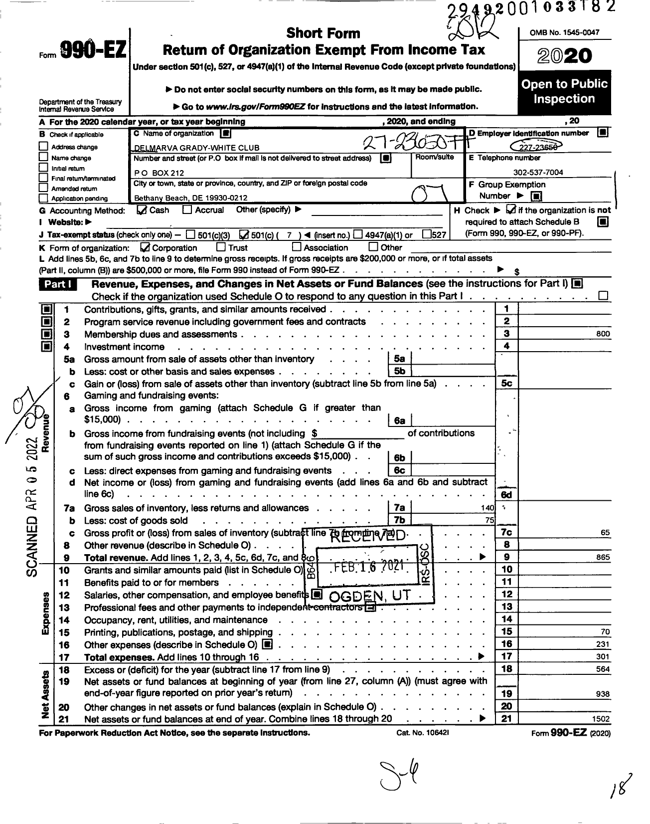 Image of first page of 2020 Form 990EO for Delmarva Grady-White Club