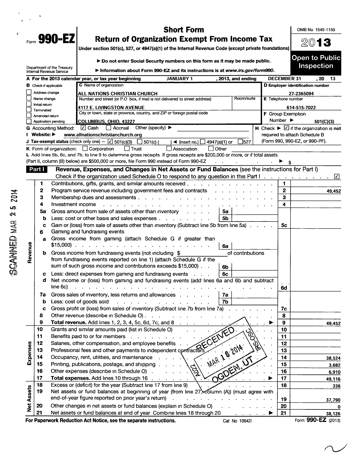 Image of first page of 2013 Form 990EZ for All Nations Christian Church