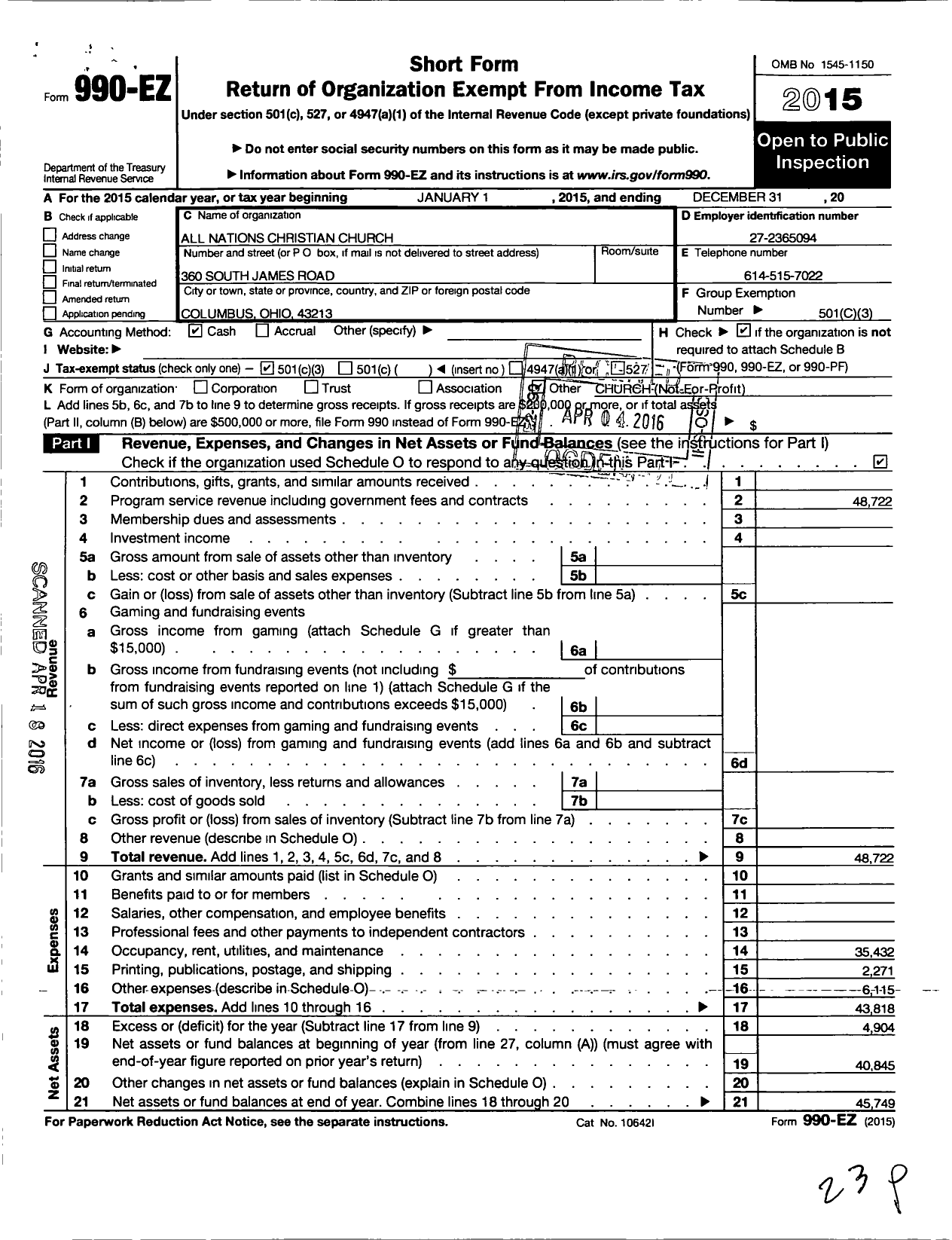 Image of first page of 2015 Form 990EZ for All Nations Christian Church