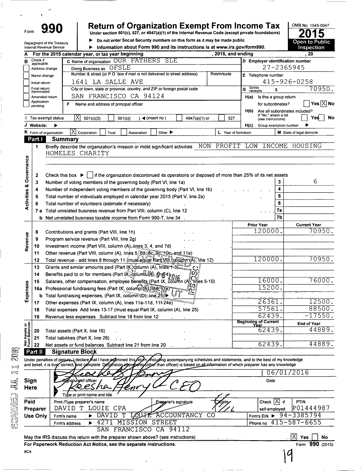 Image of first page of 2015 Form 990 for Our Fathers of Sale