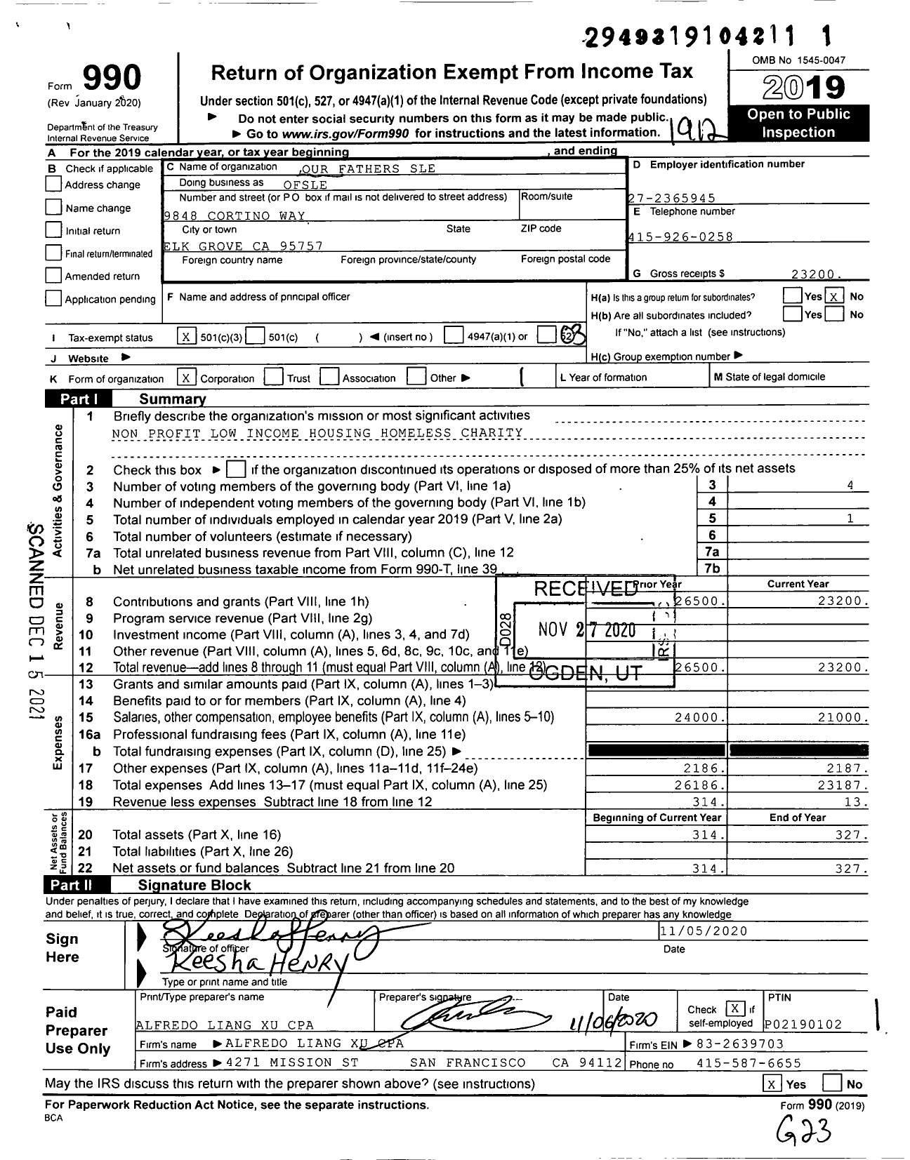 Image of first page of 2019 Form 990 for Our Fathers of Sale