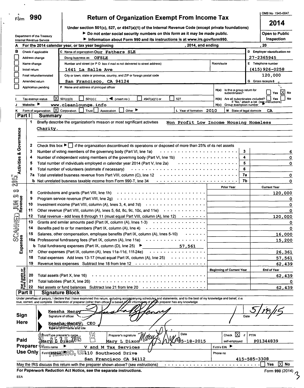 Image of first page of 2014 Form 990 for Our Fathers of Sale