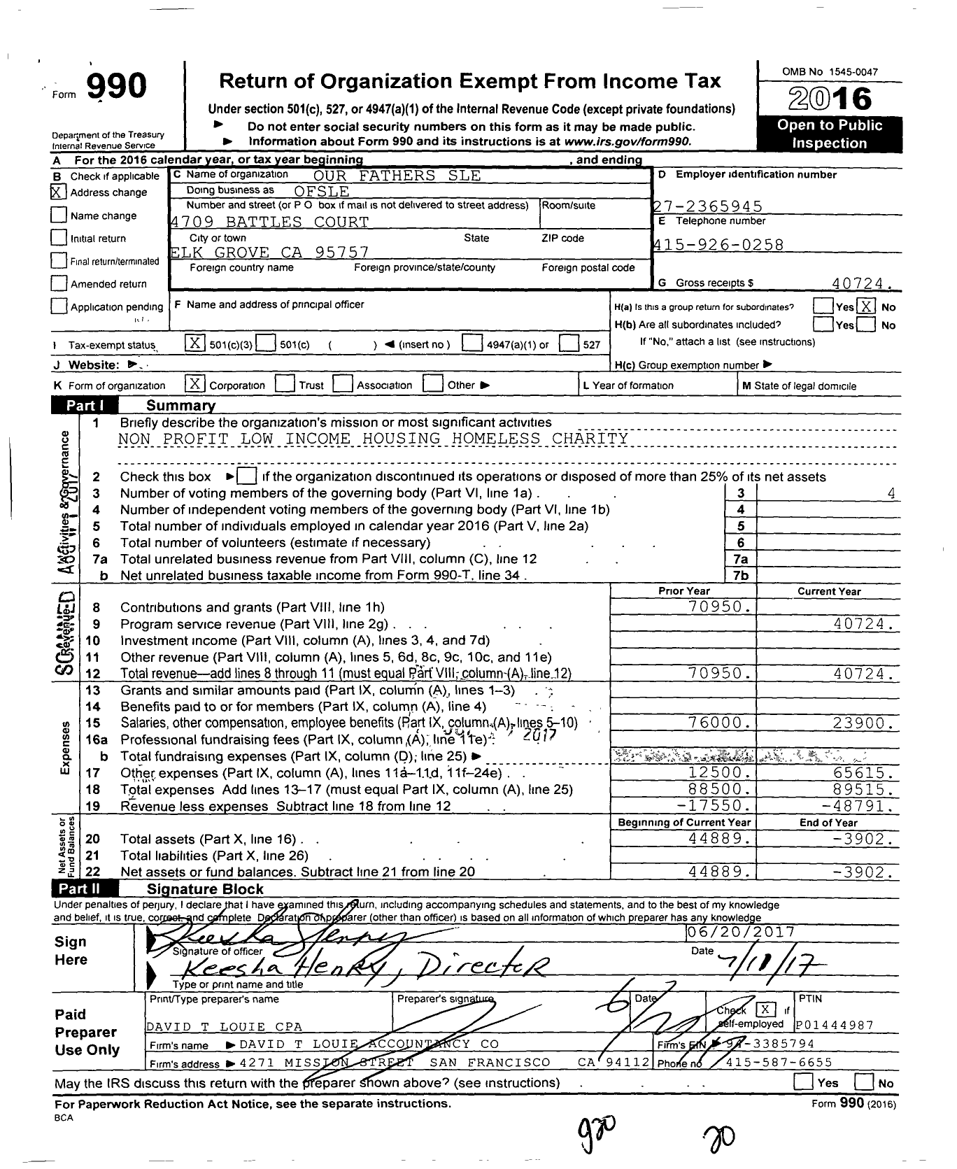 Image of first page of 2016 Form 990 for Our Fathers of Sale