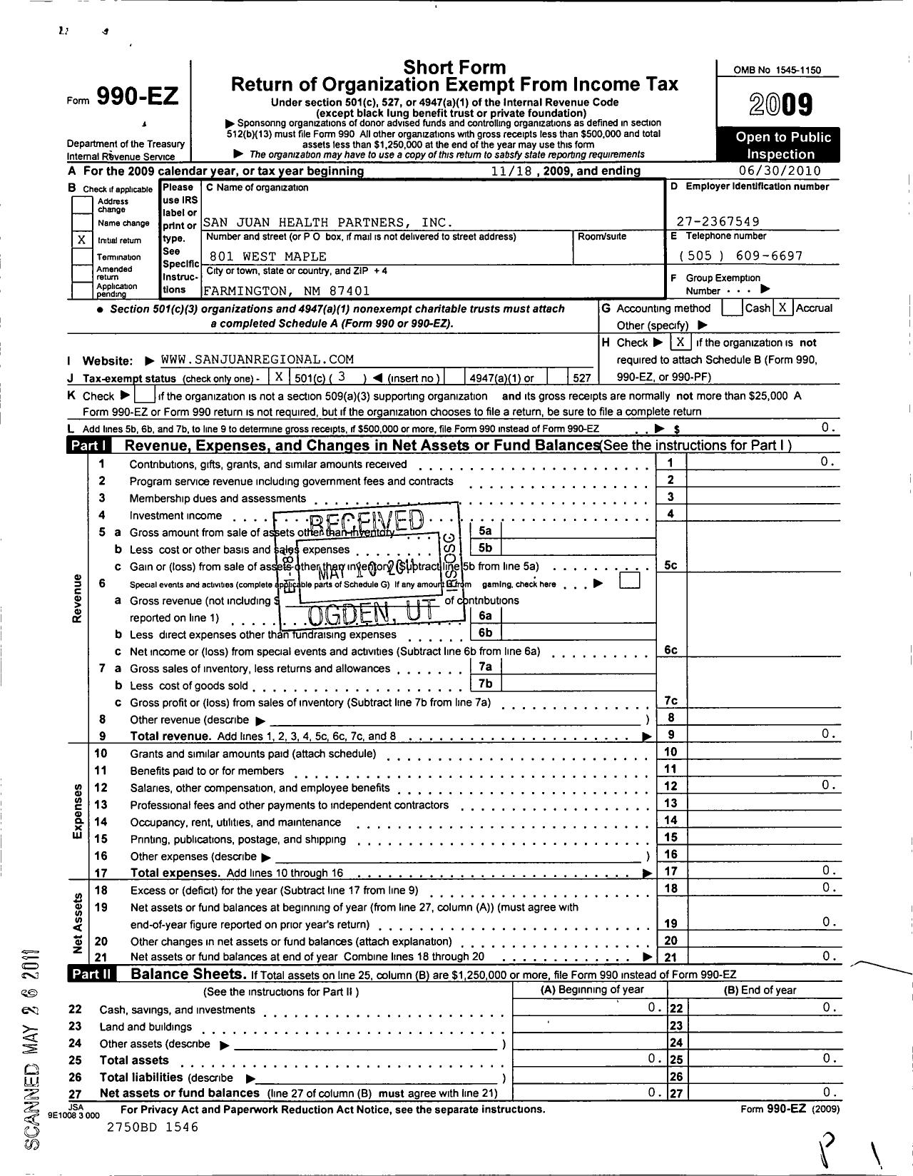 Image of first page of 2009 Form 990EZ for San Juan Health Partners