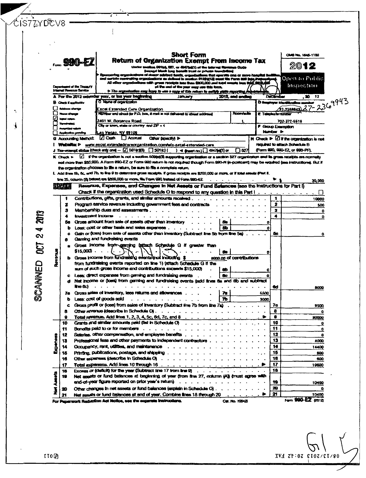 Image of first page of 2012 Form 990EZ for Excel Extended Care Organization