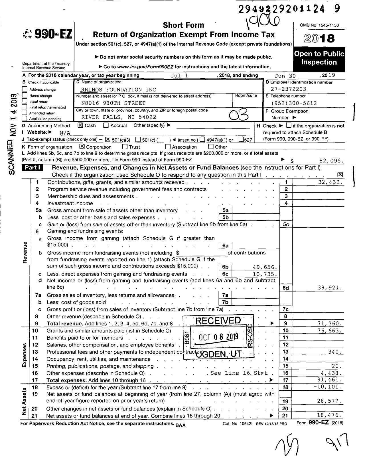 Image of first page of 2018 Form 990EZ for Rhinos Foundation