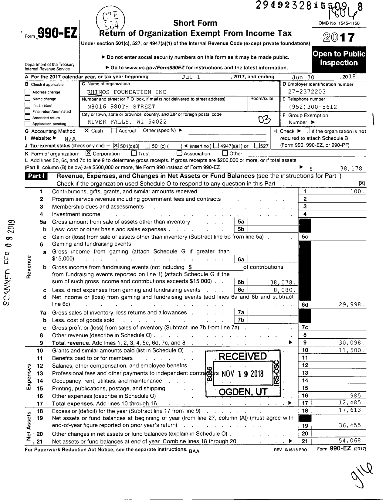 Image of first page of 2017 Form 990EZ for Rhinos Foundation