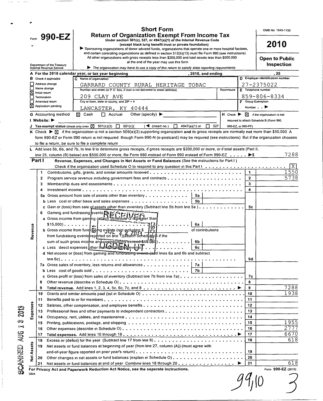 Image of first page of 2010 Form 990EZ for Garrard County Rural Heritage Tobacco Festival