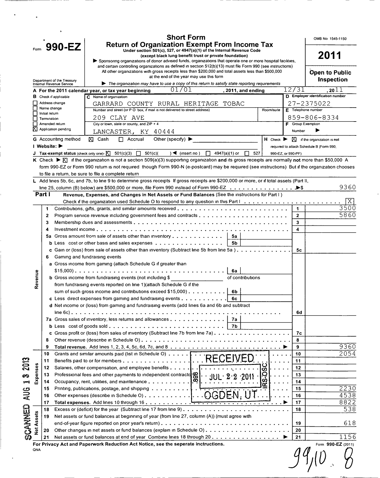 Image of first page of 2011 Form 990EZ for Garrard County Rural Heritage Tobacco Festival