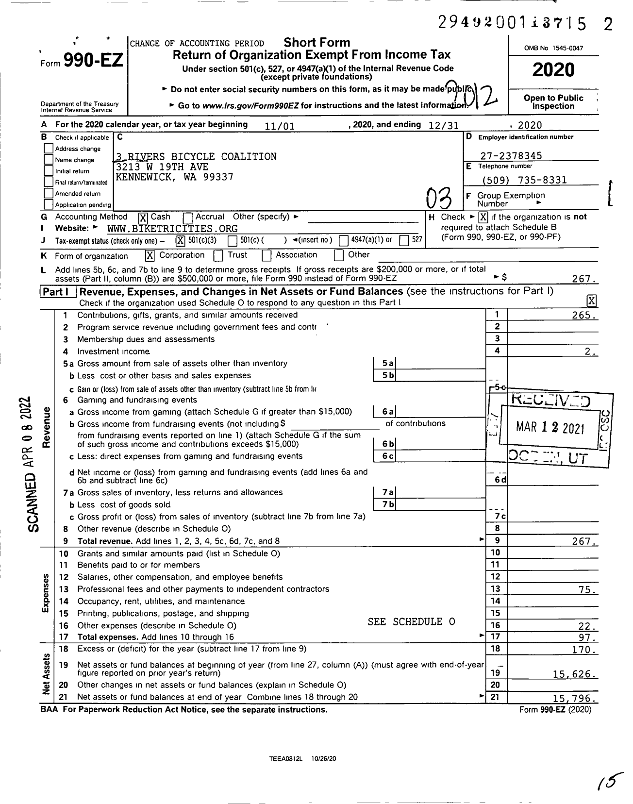 Image of first page of 2020 Form 990EZ for 3 Rivers Bicycle Coalition