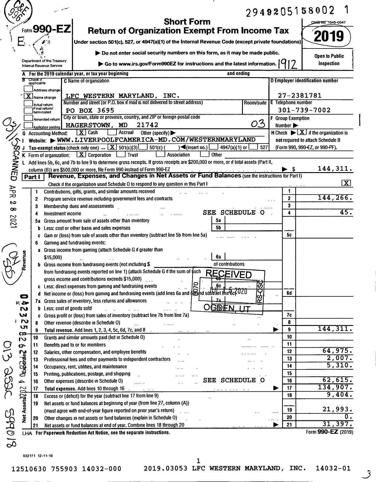 Image of first page of 2019 Form 990EZ for LFC Western Maryland