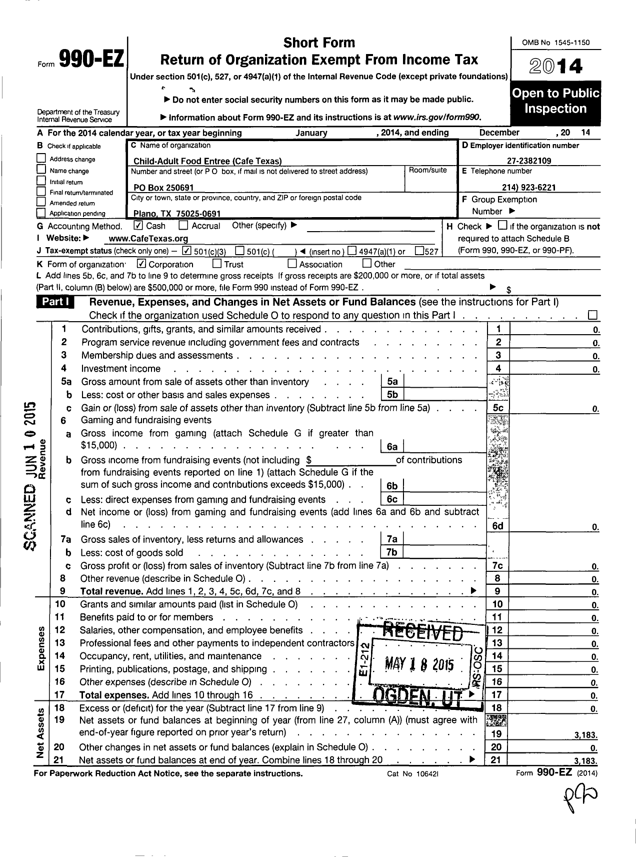 Image of first page of 2014 Form 990EZ for Child-Adult Food Entree Cafe Texas