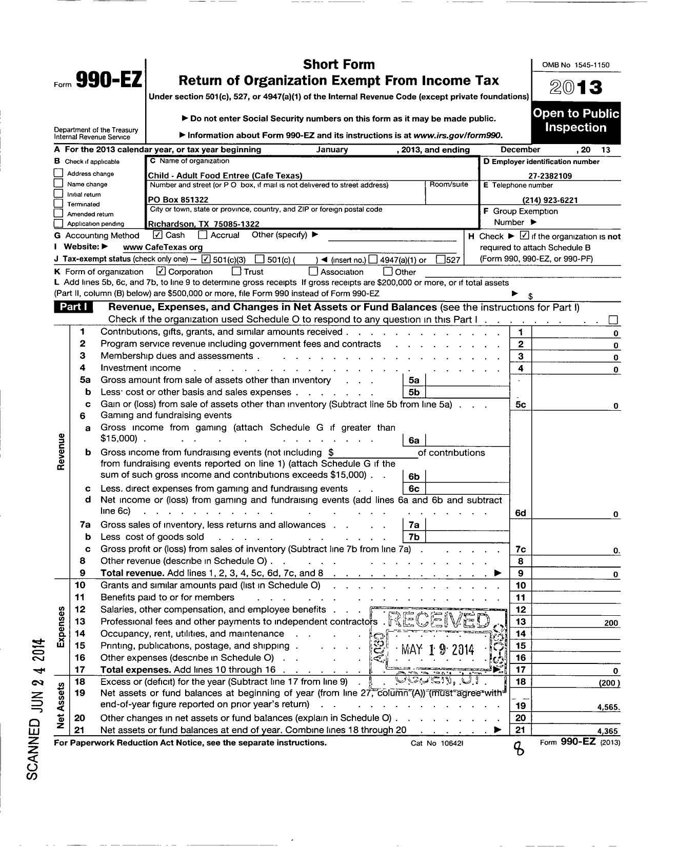 Image of first page of 2013 Form 990EZ for Child-Adult Food Entree Cafe Texas