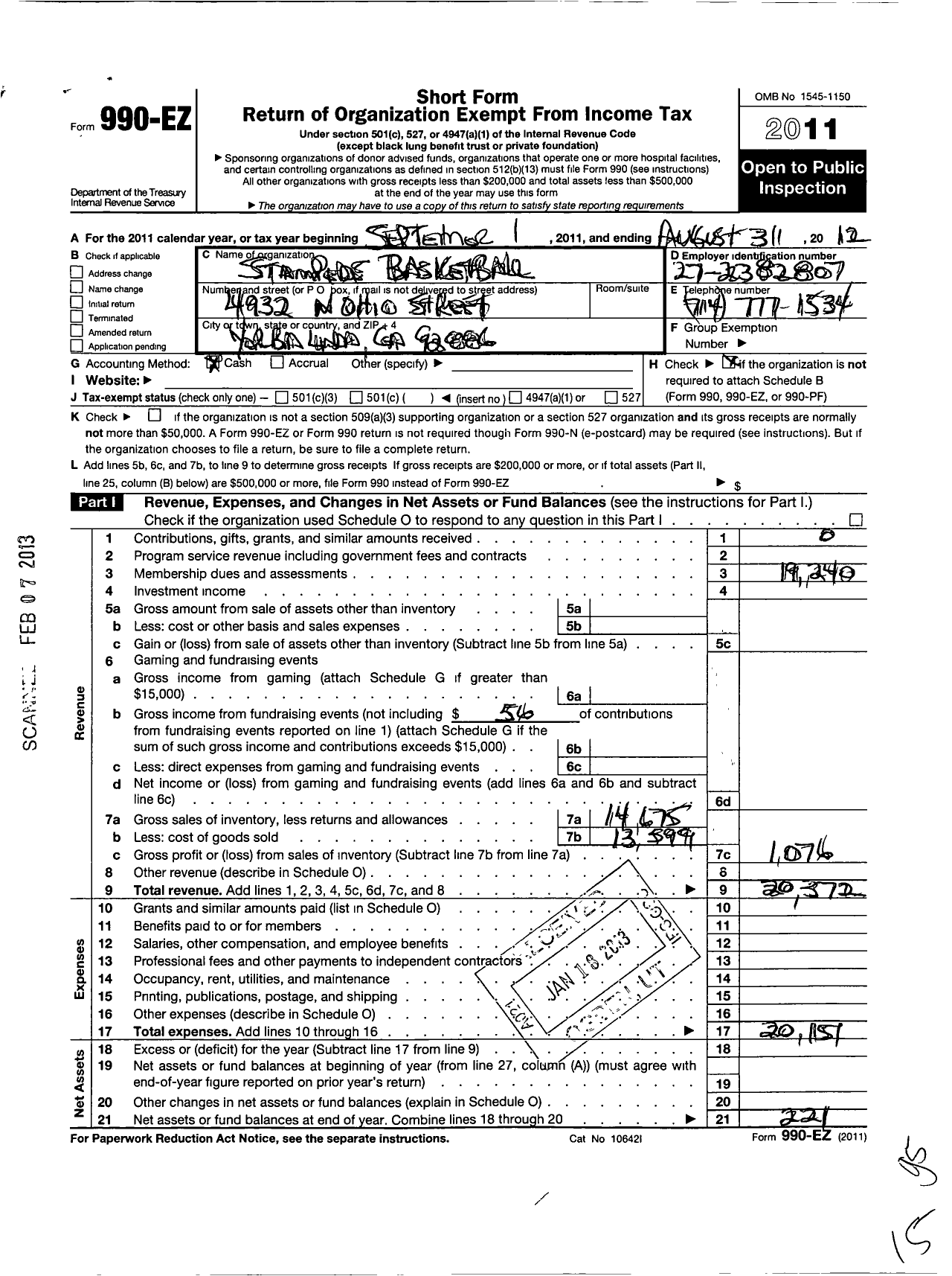 Image of first page of 2011 Form 990EO for Amateur Athletic Union - Yorba Linda Stampede Basketball