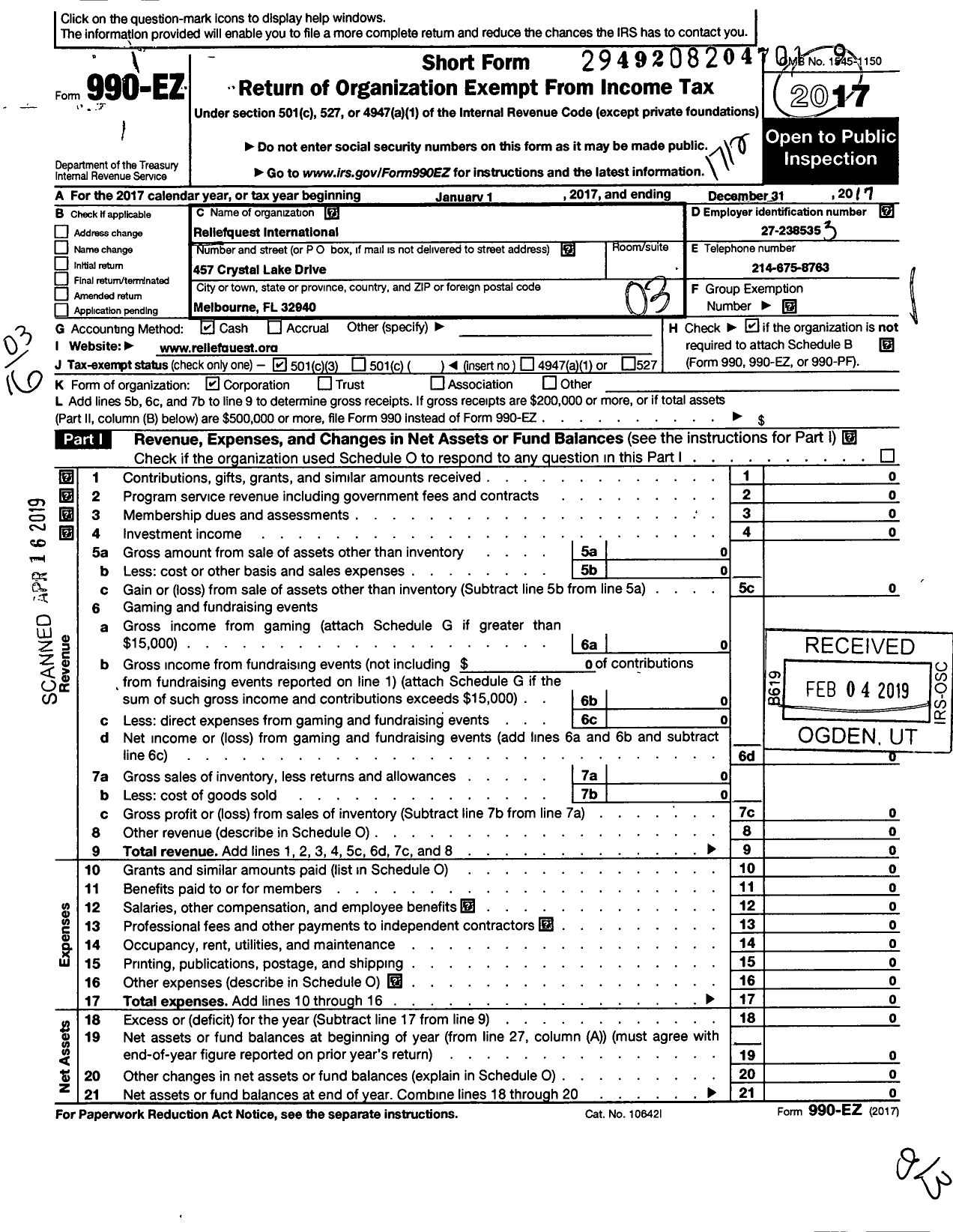 Image of first page of 2017 Form 990EZ for Reliefquest International