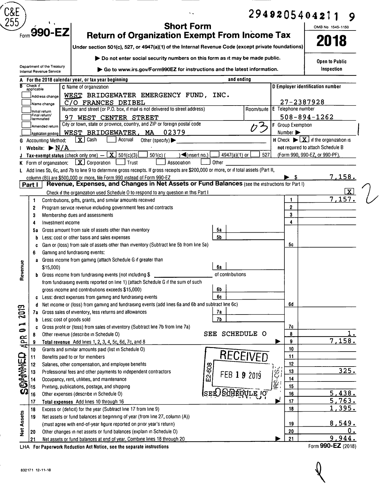 Image of first page of 2018 Form 990EZ for West Bridgewater Emergency Fund