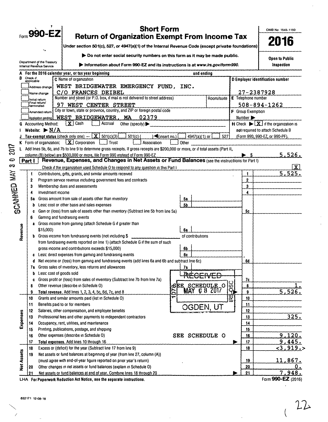 Image of first page of 2016 Form 990EZ for West Bridgewater Emergency Fund