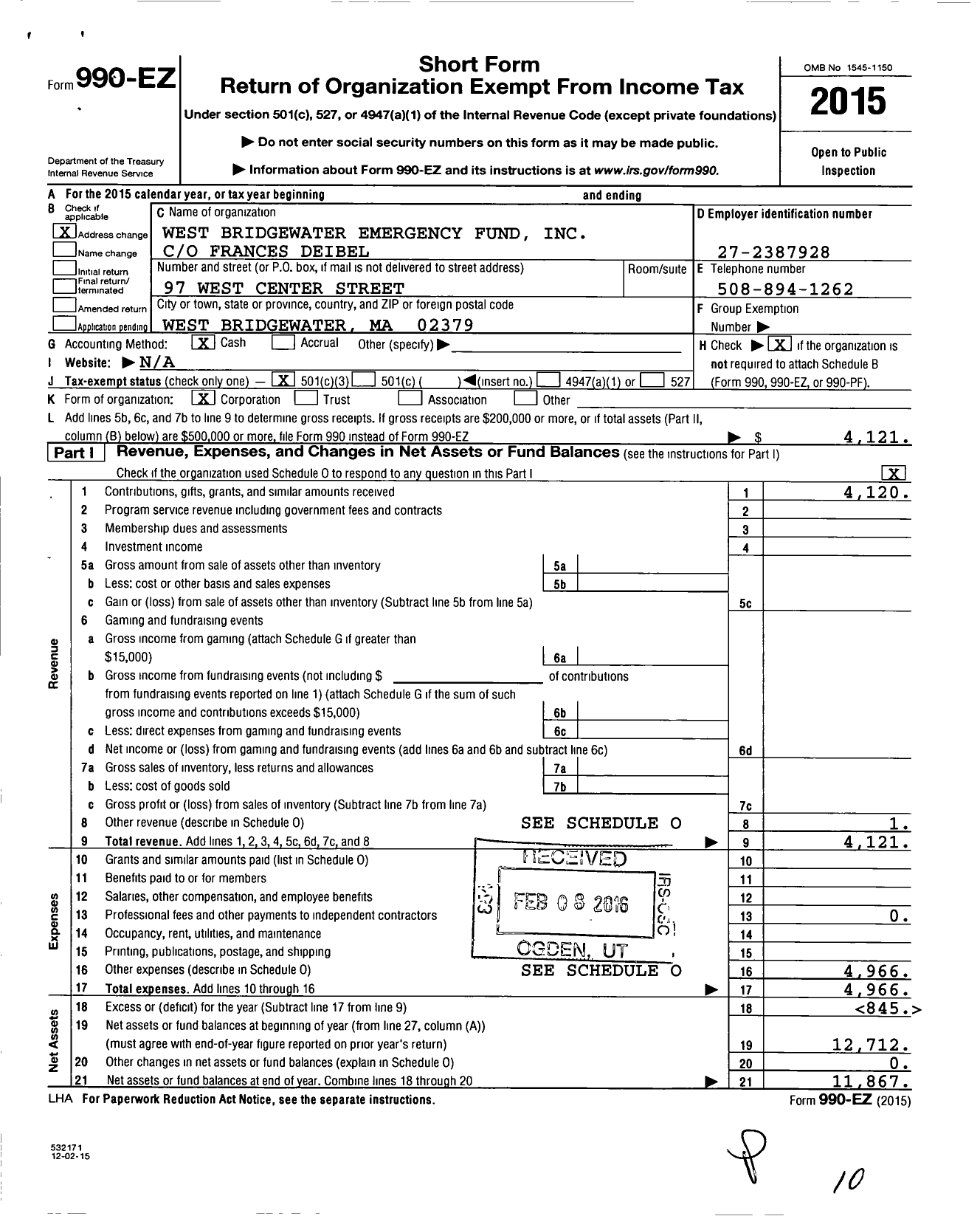 Image of first page of 2015 Form 990EZ for West Bridgewater Emergency Fund