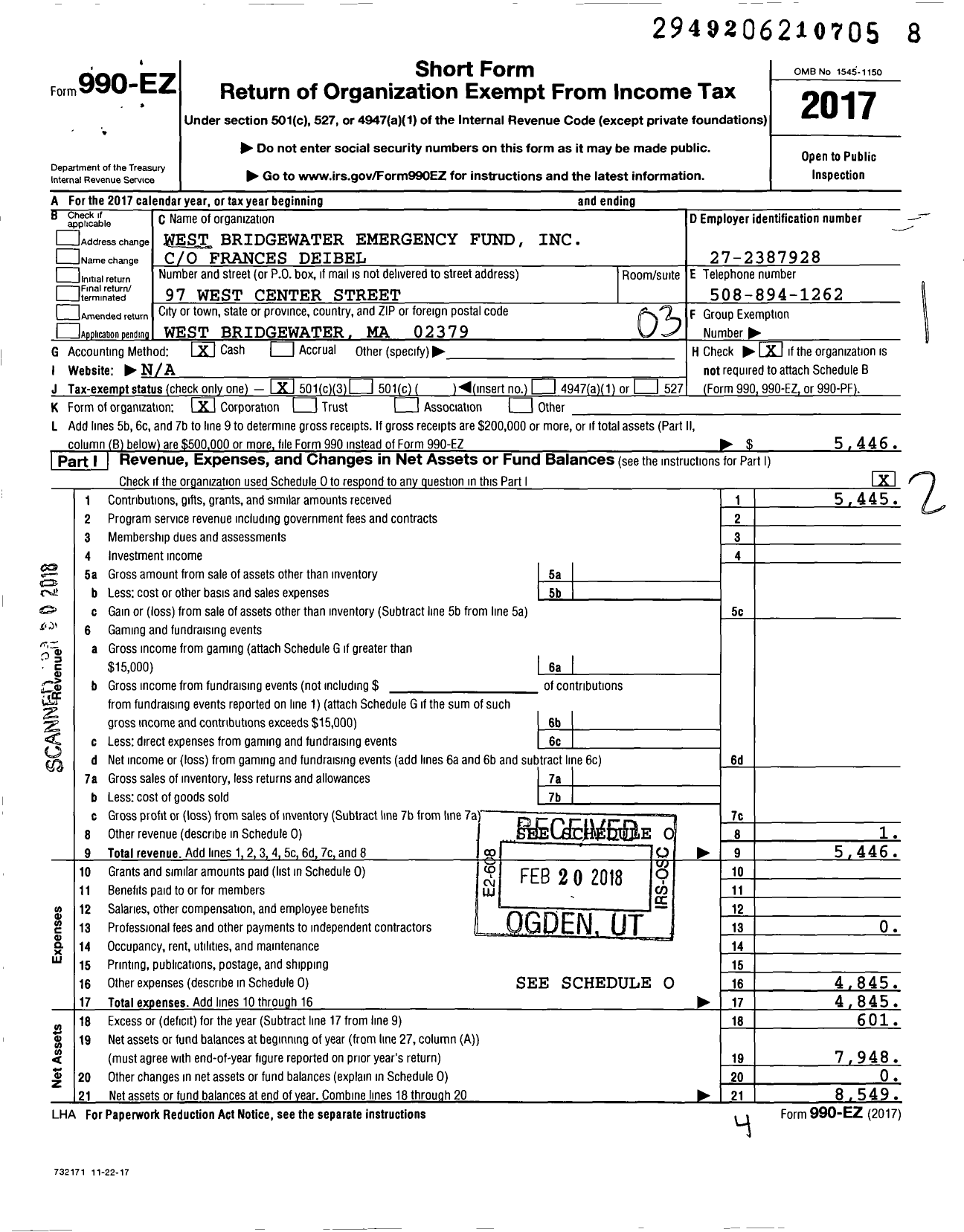 Image of first page of 2017 Form 990EZ for West Bridgewater Emergency Fund