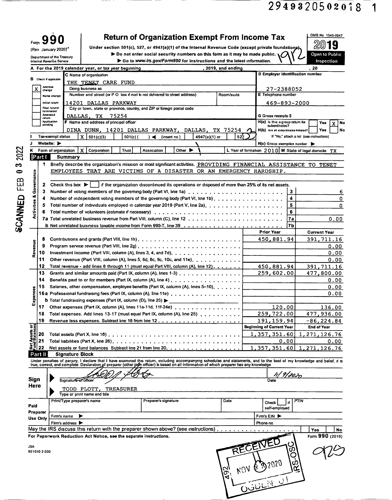Image of first page of 2019 Form 990 for The Tenet Care Fund