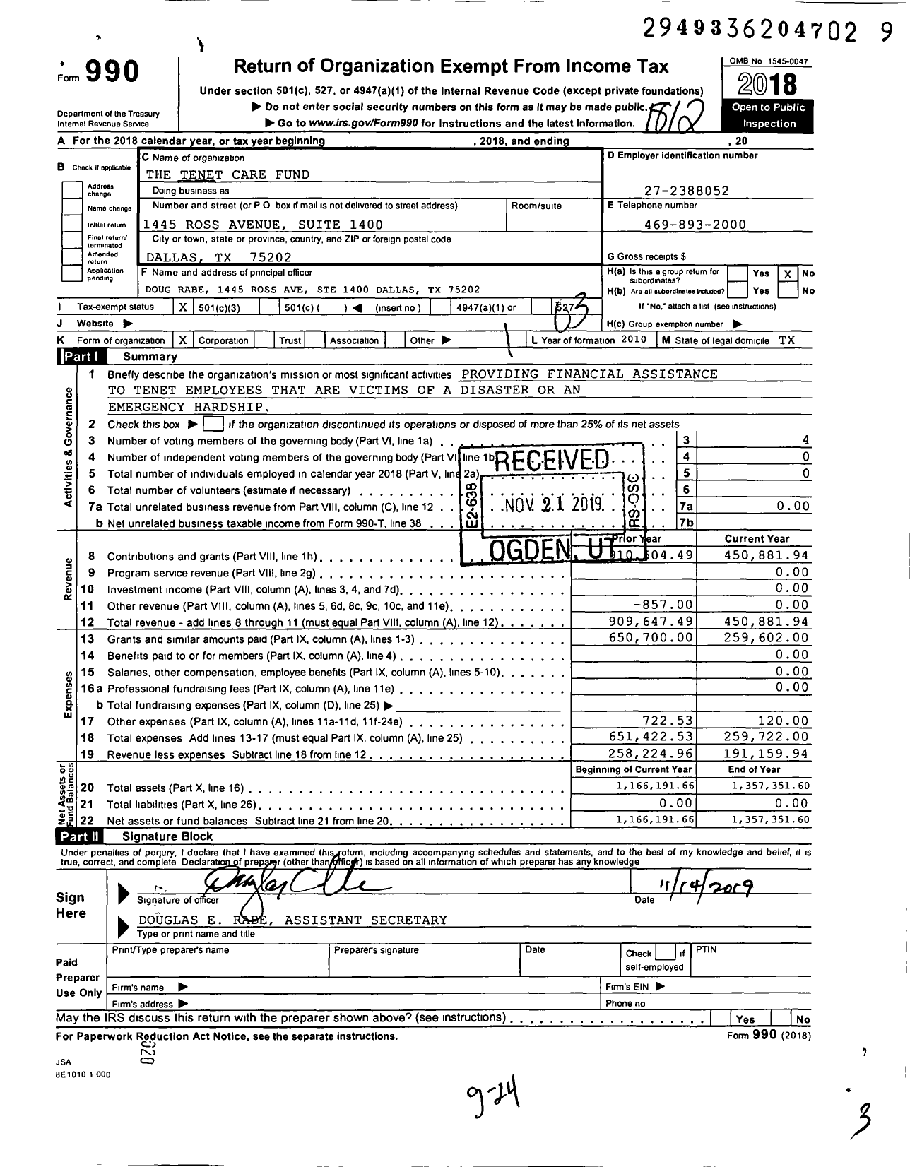 Image of first page of 2018 Form 990 for The Tenet Care Fund