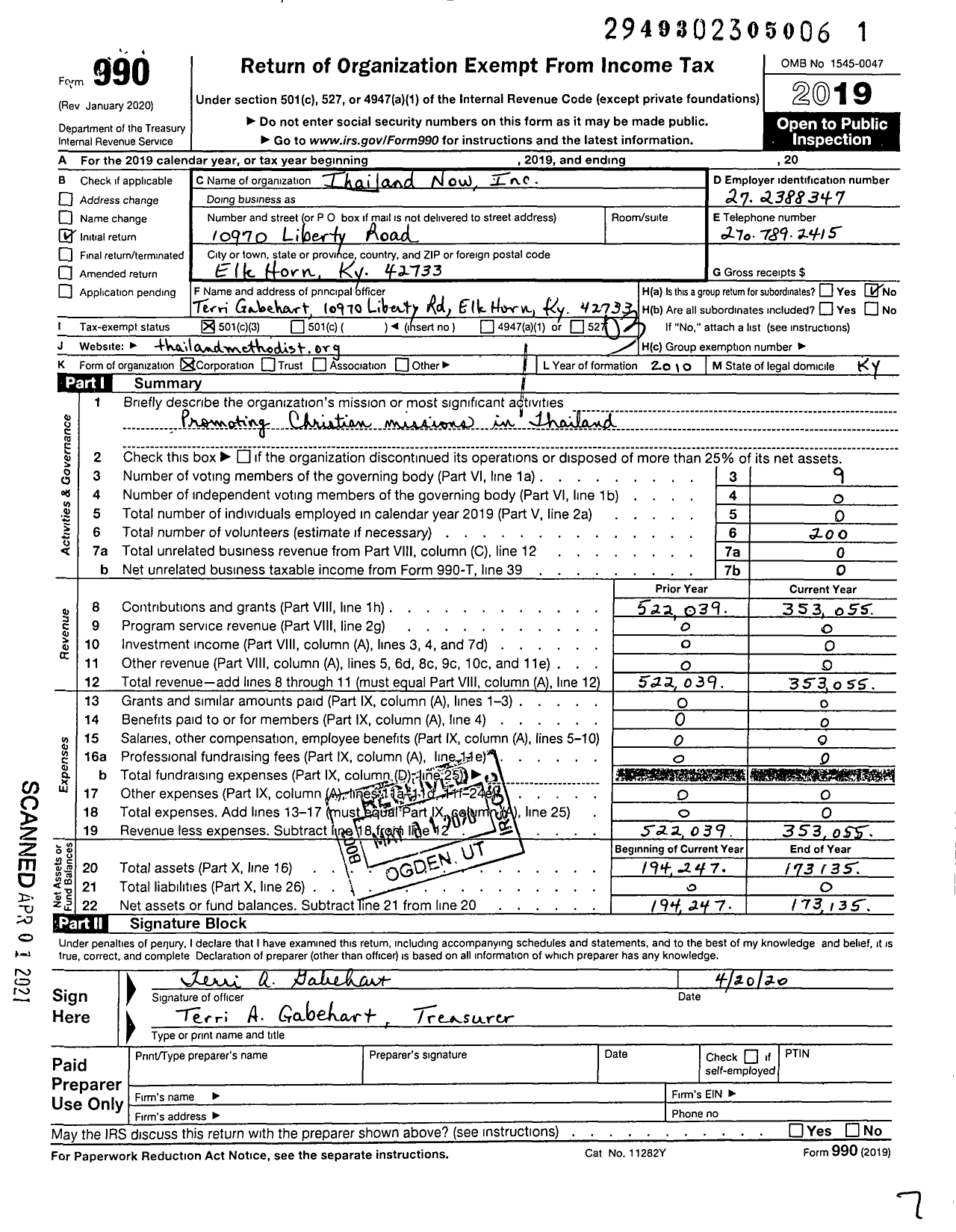 Image of first page of 2019 Form 990 for Thailand Now