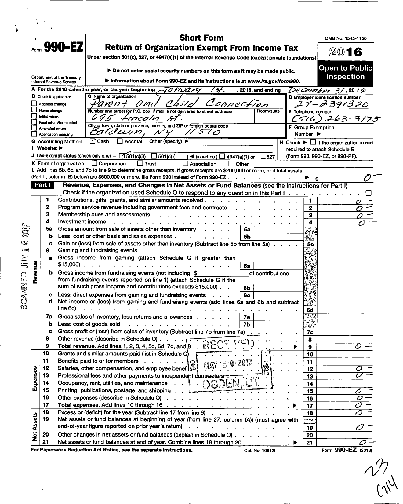 Image of first page of 2016 Form 990EZ for PARENT AND CHILD CONNECTION CONExION DE PADRES AND HIJOS