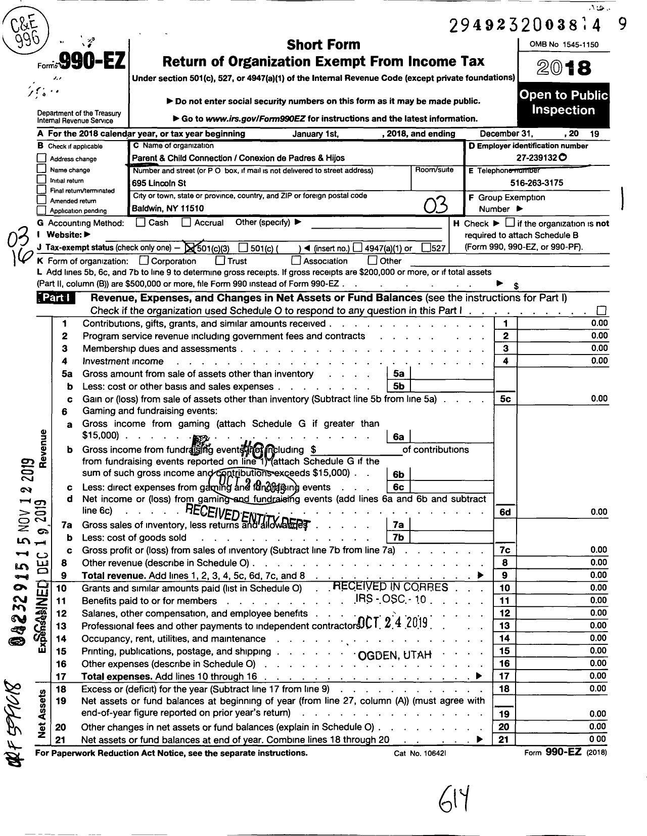 Image of first page of 2019 Form 990EZ for PARENT AND CHILD CONNECTION CONExION DE PADRES AND HIJOS