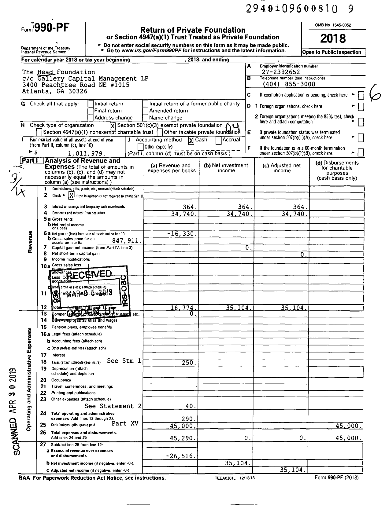 Image of first page of 2018 Form 990PF for The Head Foundation